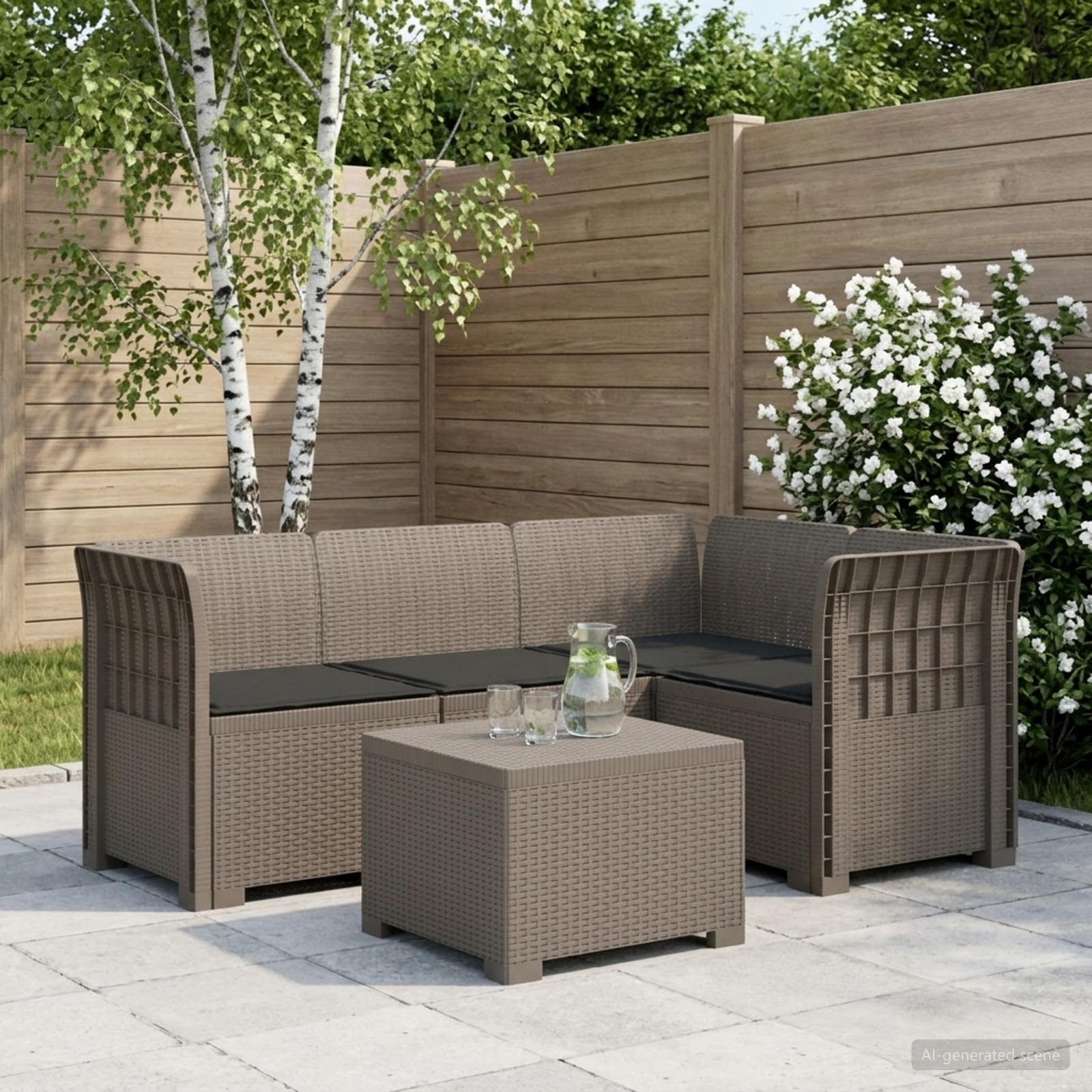 4-Sitzer Garten Sofa mit Kissen Rattan Look PP Hellgrau