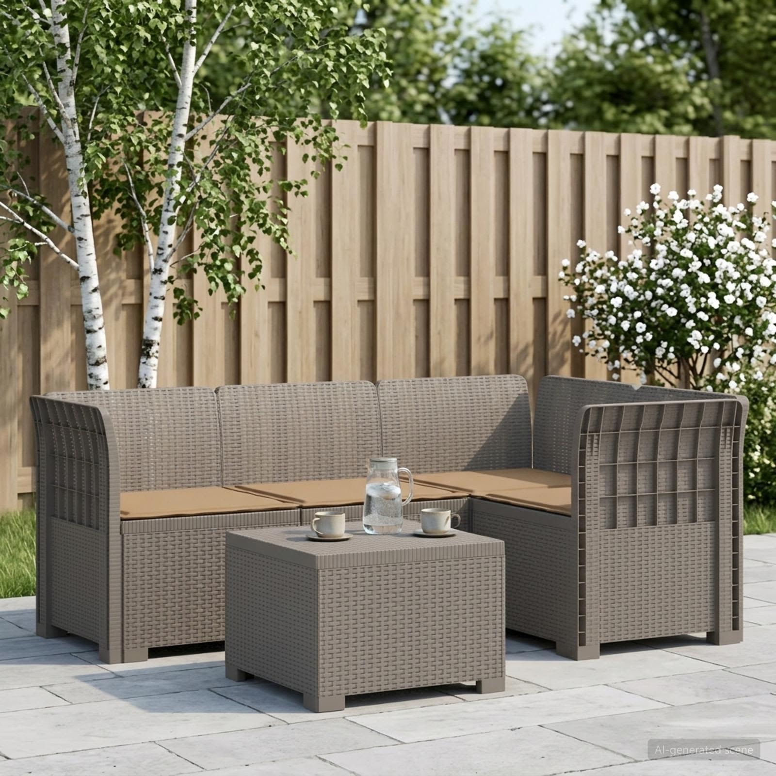 4-Sitzer Garten Sofa mit Kissen Rattan Look PP Hellgrau