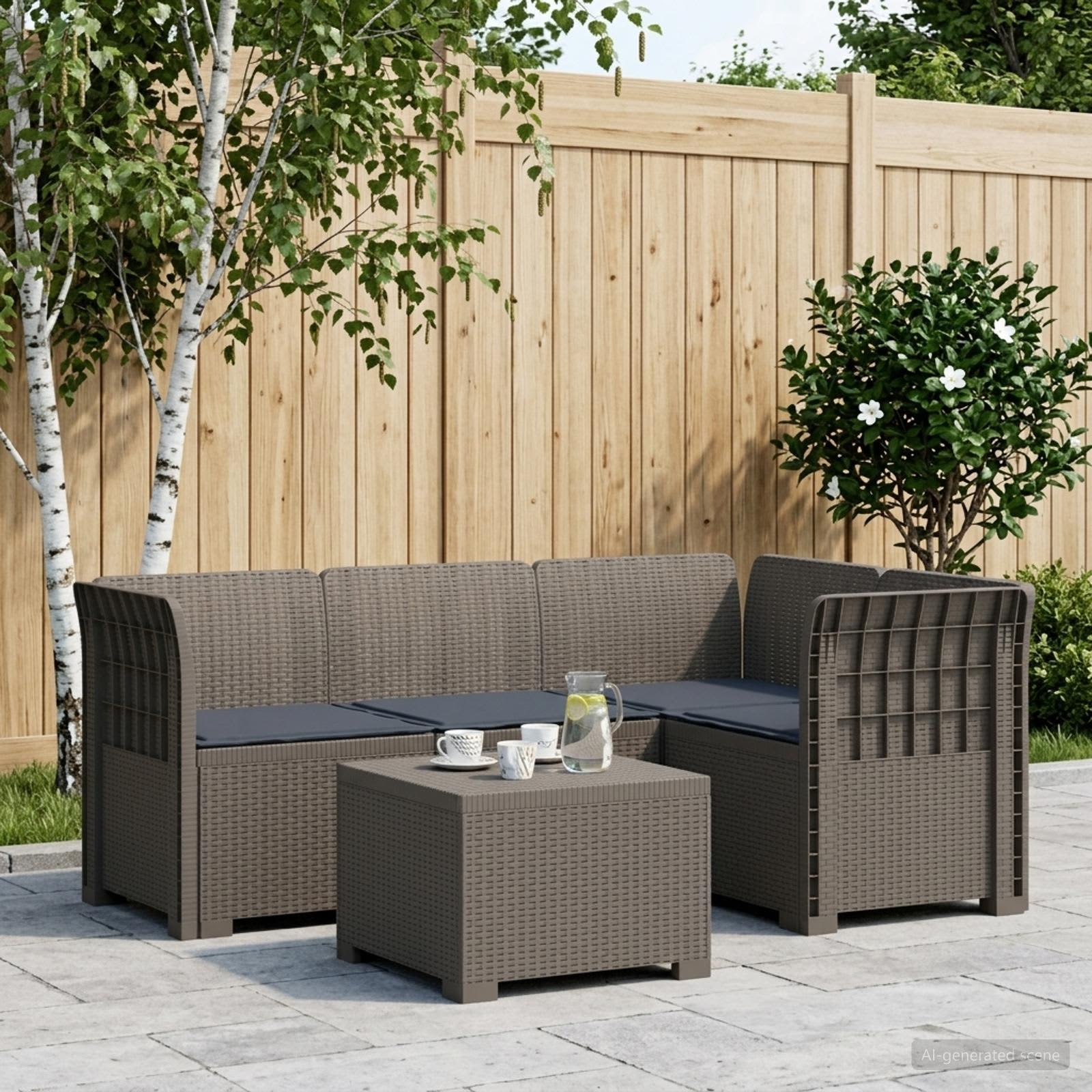 4-Sitzer Garten Sofa mit Kissen Rattan Look PP Hellgrau