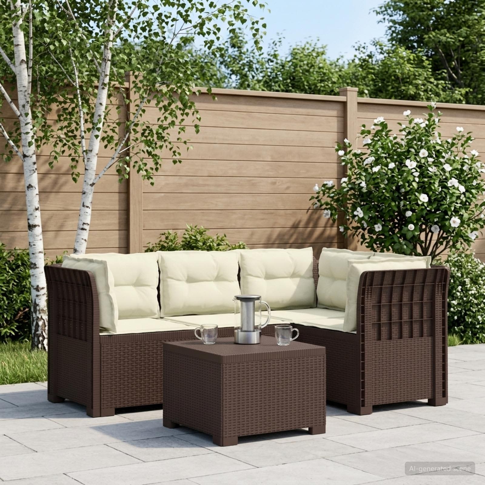 4-Sitzer Garten Sofa mit Kissen Rattan Look PP Braun