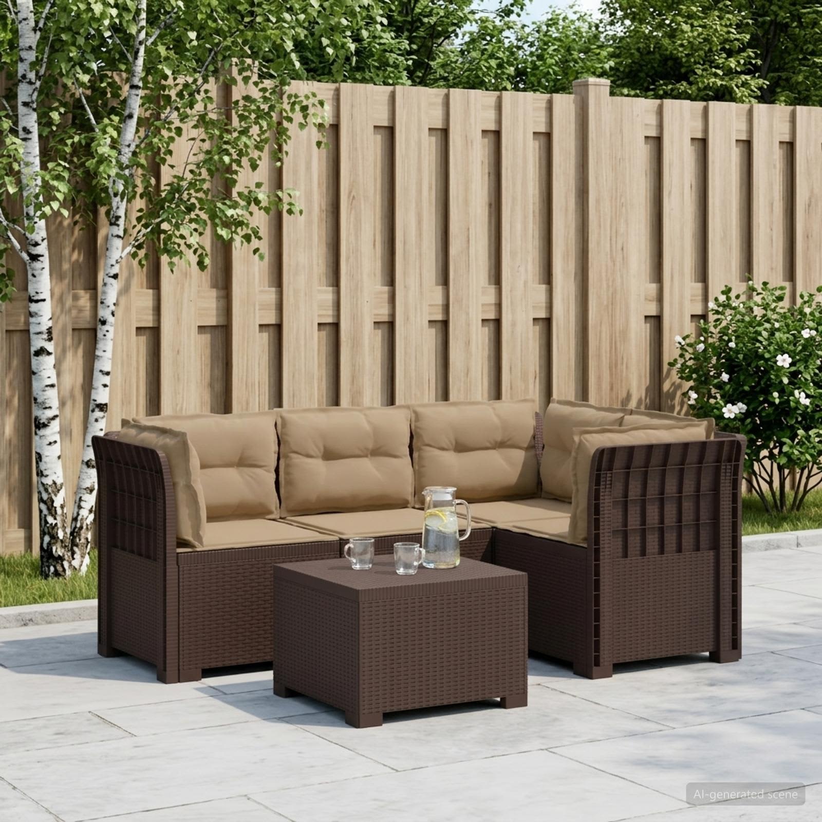 4-Sitzer Garten Sofa mit Kissen Rattan Look PP Braun