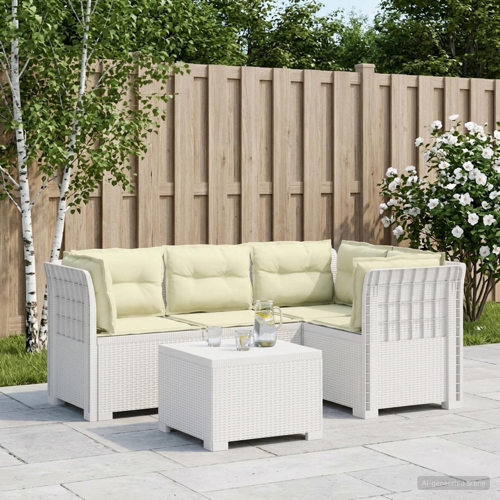 4-Sitzer Garten Sofa mit Kissen Rattan Look PP Weiß