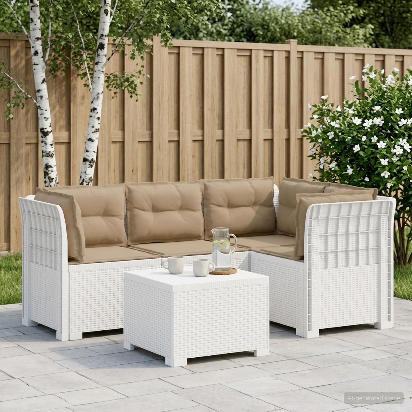 4-Sitzer Garten Sofa mit Kissen Rattan Look PP Weiß
