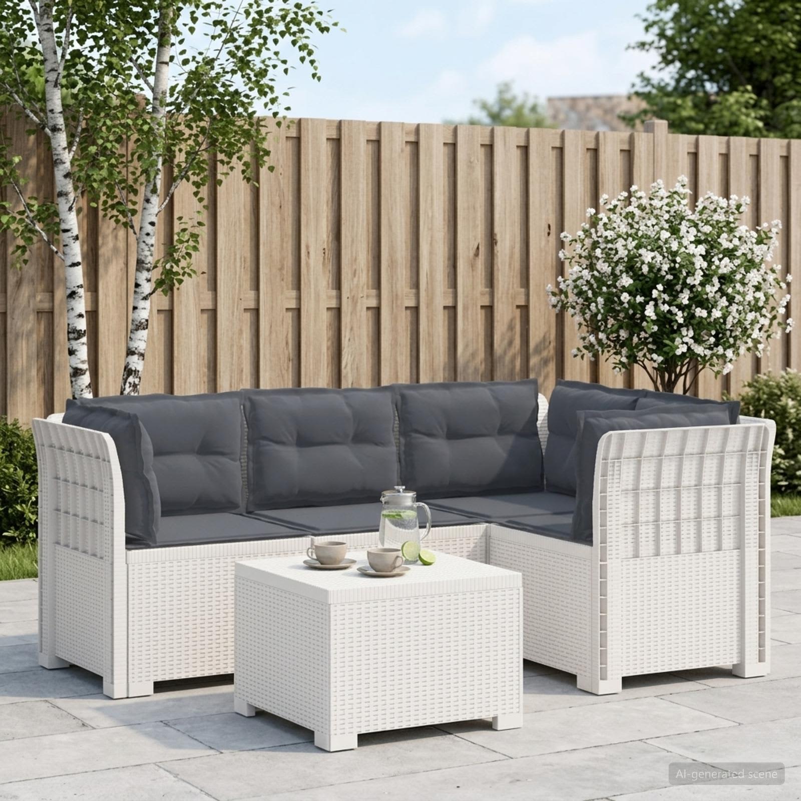4-Sitzer Garten Sofa mit Kissen Rattan Look PP Weiß