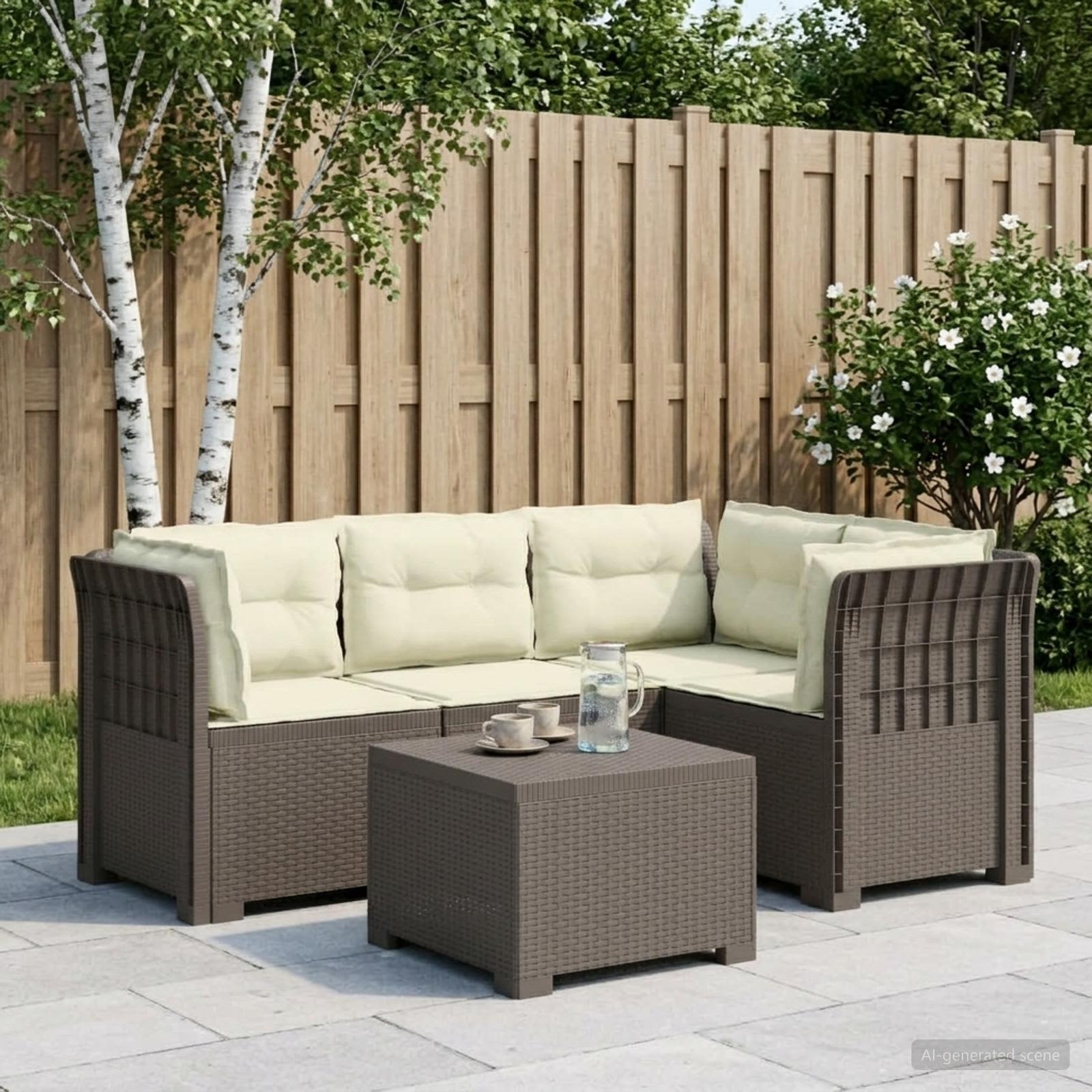 4-Sitzer Garten Sofa mit Kissen Rattan Look PP Hellgrau