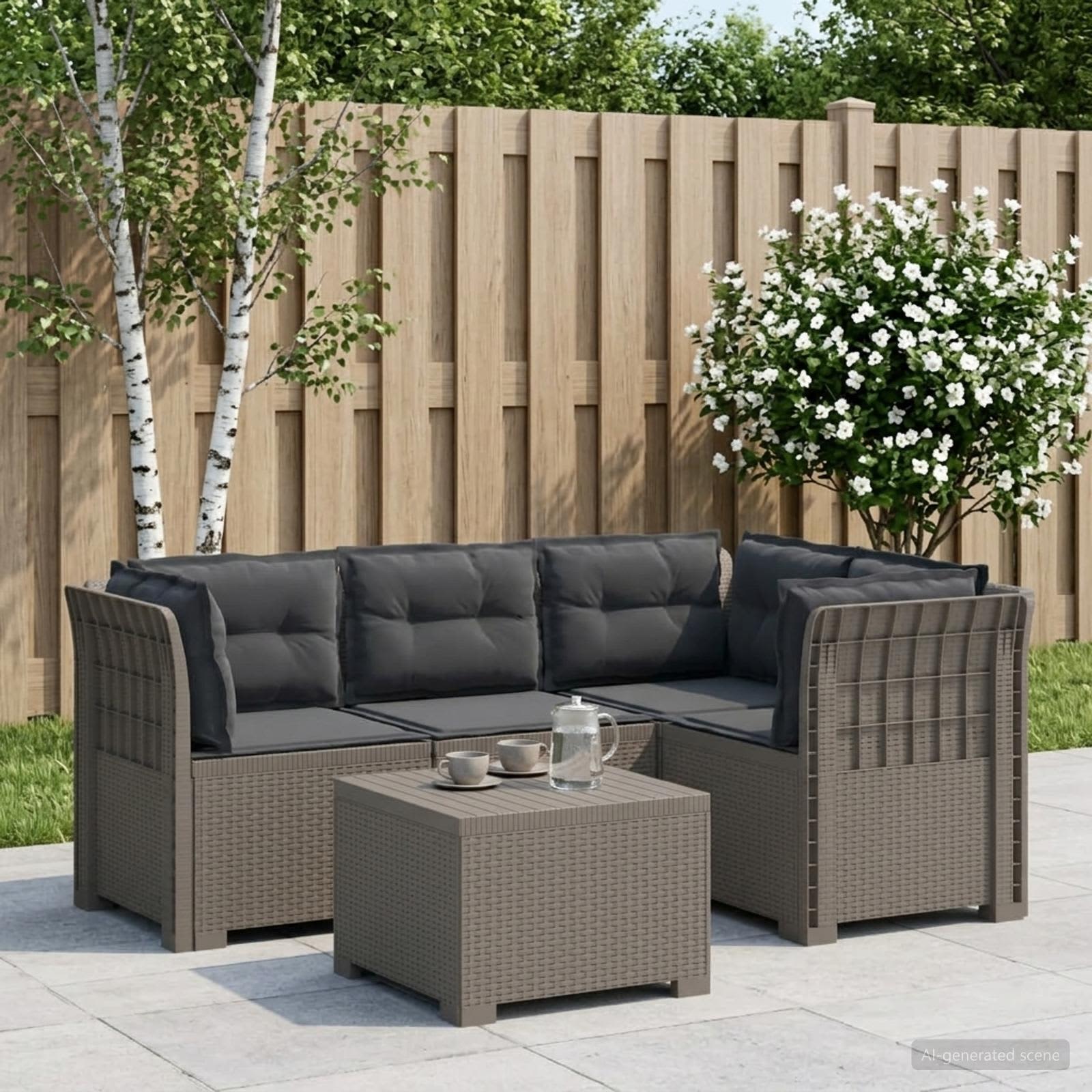 4-Sitzer Garten Sofa mit Kissen Rattan Look PP Hellgrau