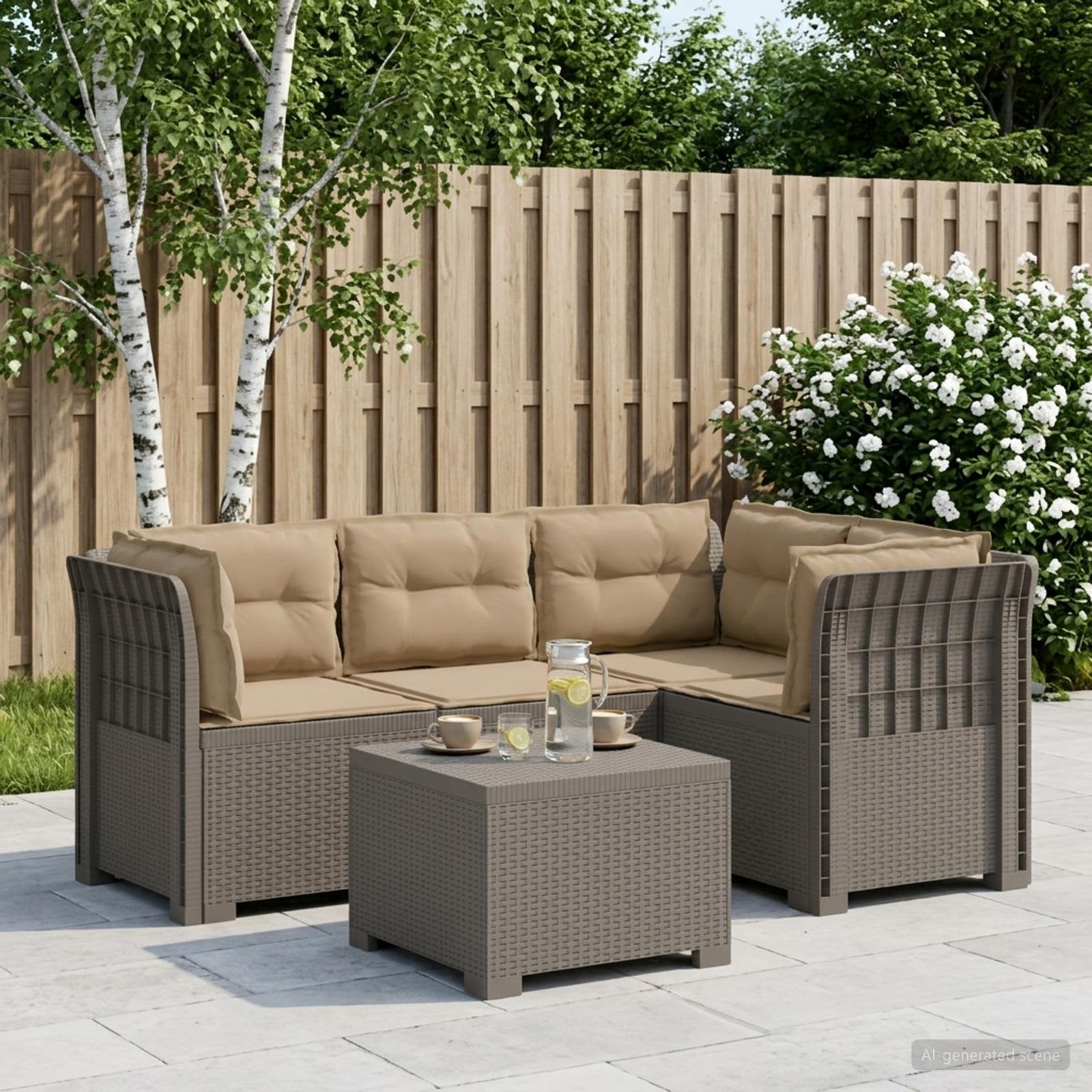 4-Sitzer Garten Sofa mit Kissen Rattan Look PP Hellgrau