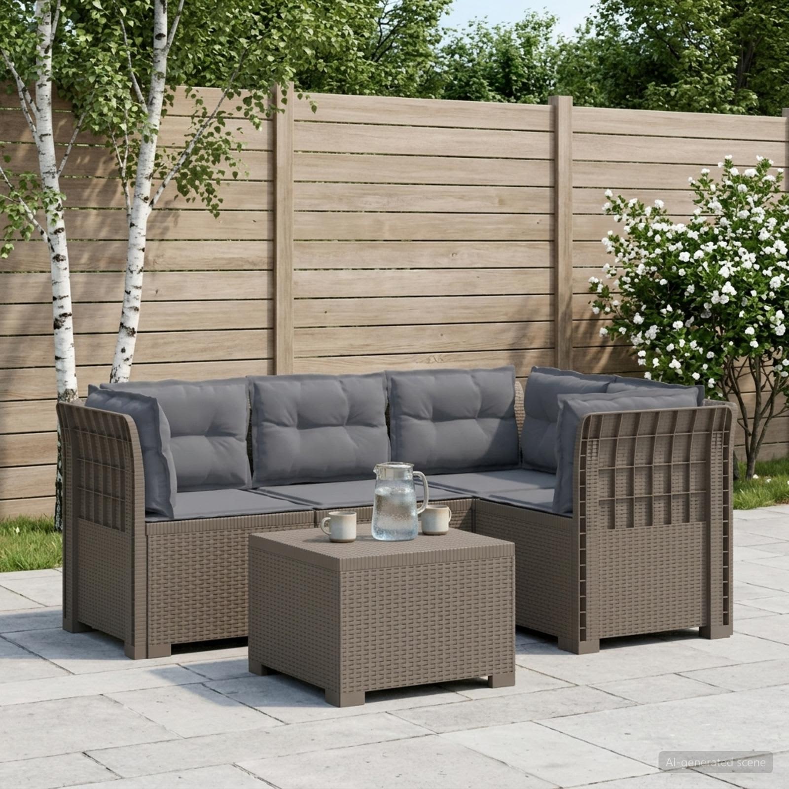 4-Sitzer Garten Sofa mit Kissen Rattan Look PP Hellgrau
