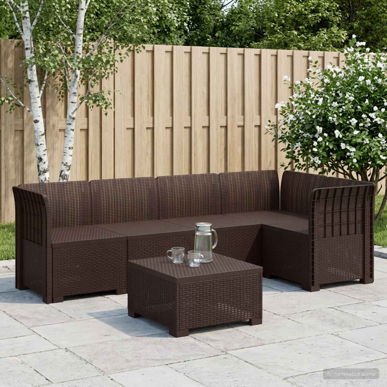 5-Sitzer Gartensofa Rattan-Look PP Braun