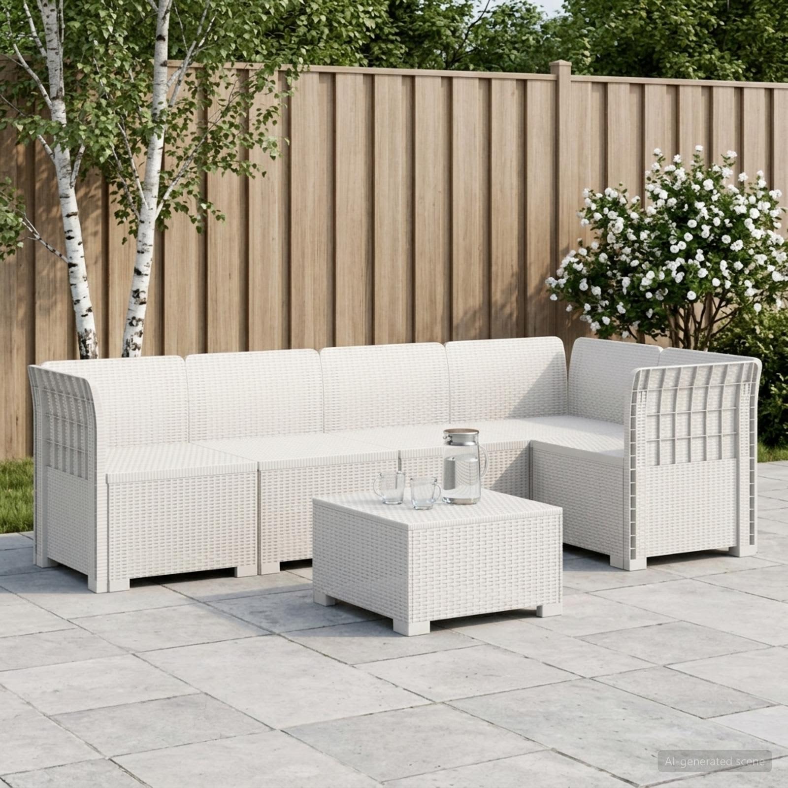 5-Sitzer Gartensofa Rattan-Look PP Weiß