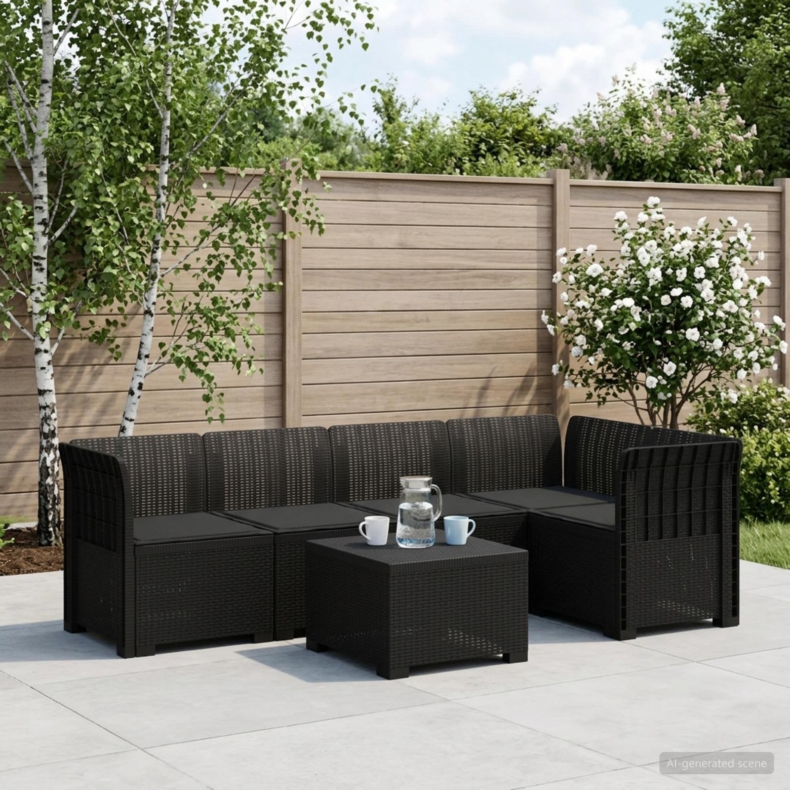 5-Sitzer Gartensofa mit Kissen Rattan-Look PP Anthrazit