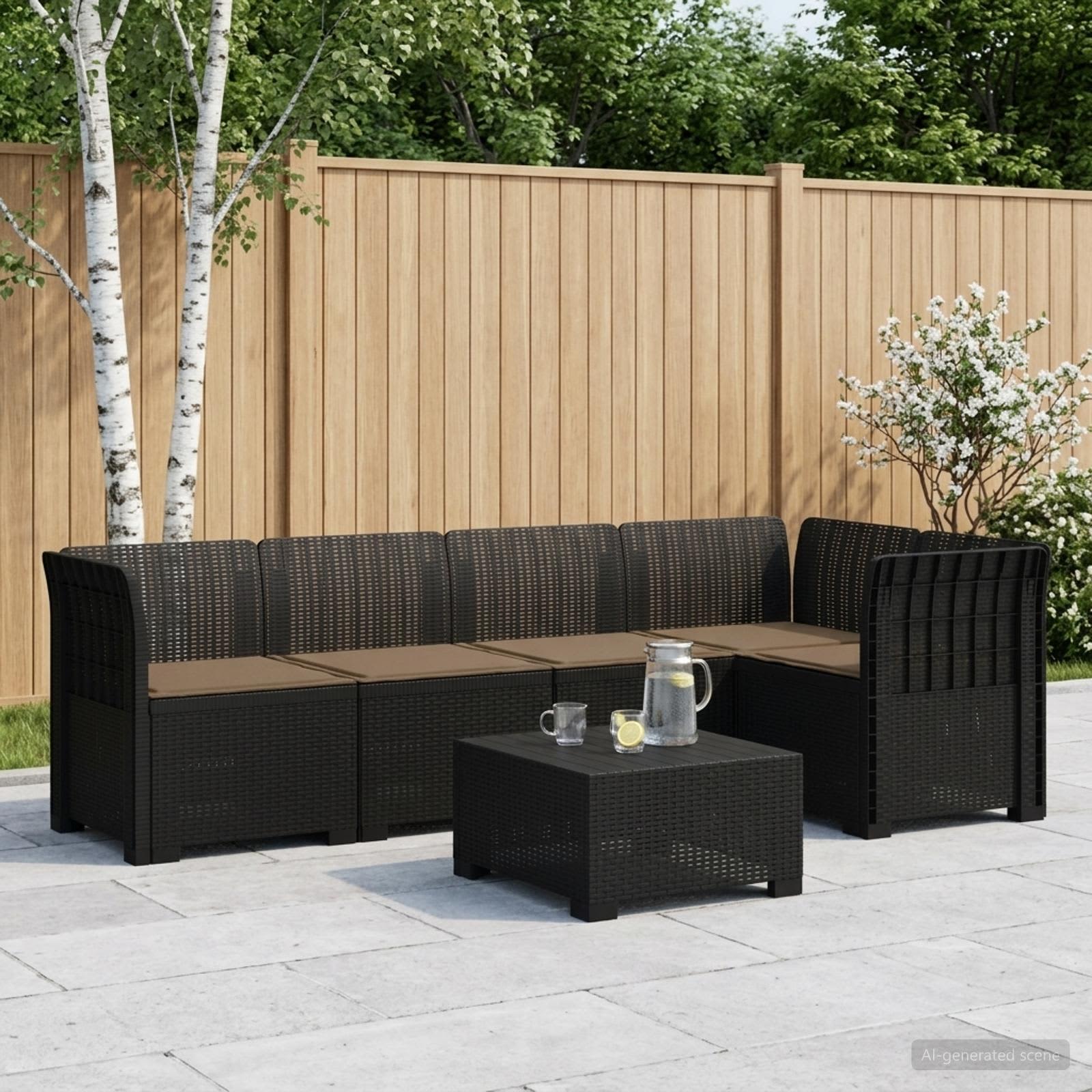 5-Sitzer Gartensofa mit Kissen Rattan-Look PP Anthrazit