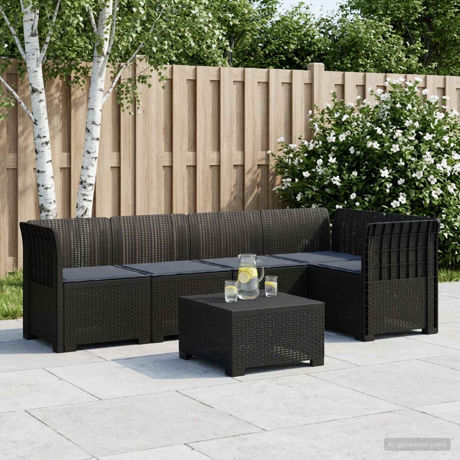 5-Sitzer Gartensofa mit Kissen Rattan-Look PP Anthrazit