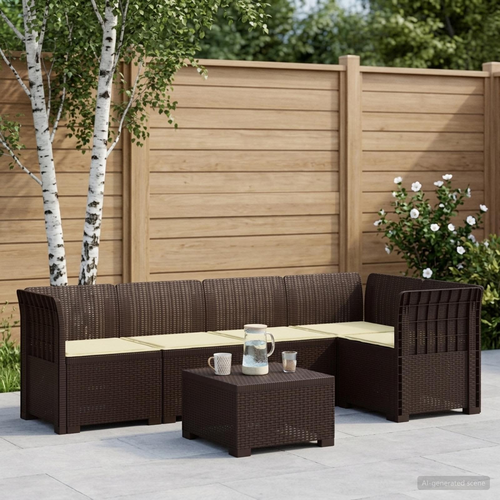 5-Sitzer Gartensofa mit Kissen Rattan-Look PP Braun