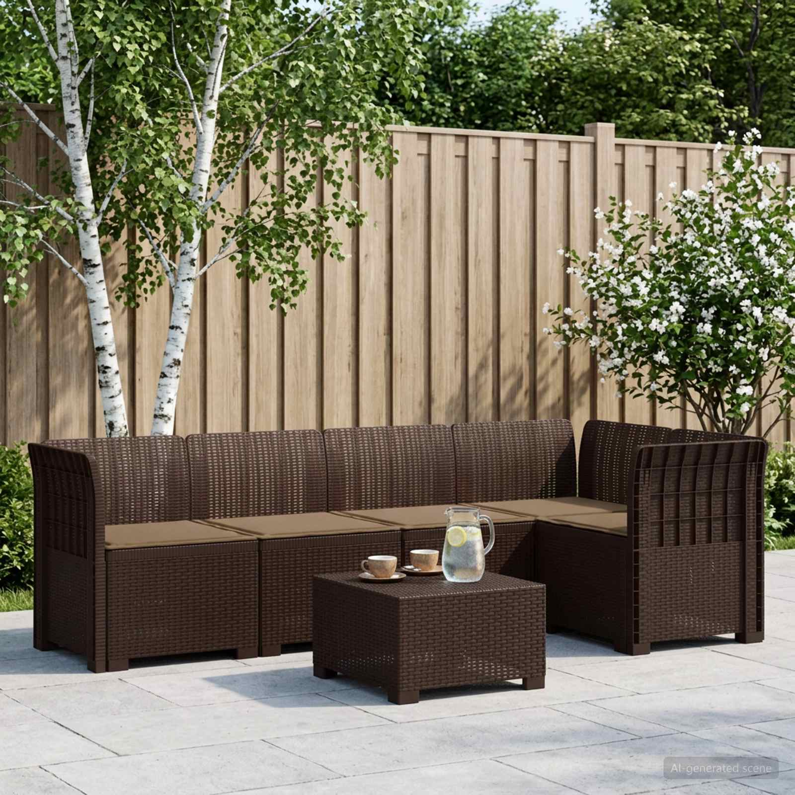 5-Sitzer Gartensofa mit Kissen Rattan-Look PP Braun