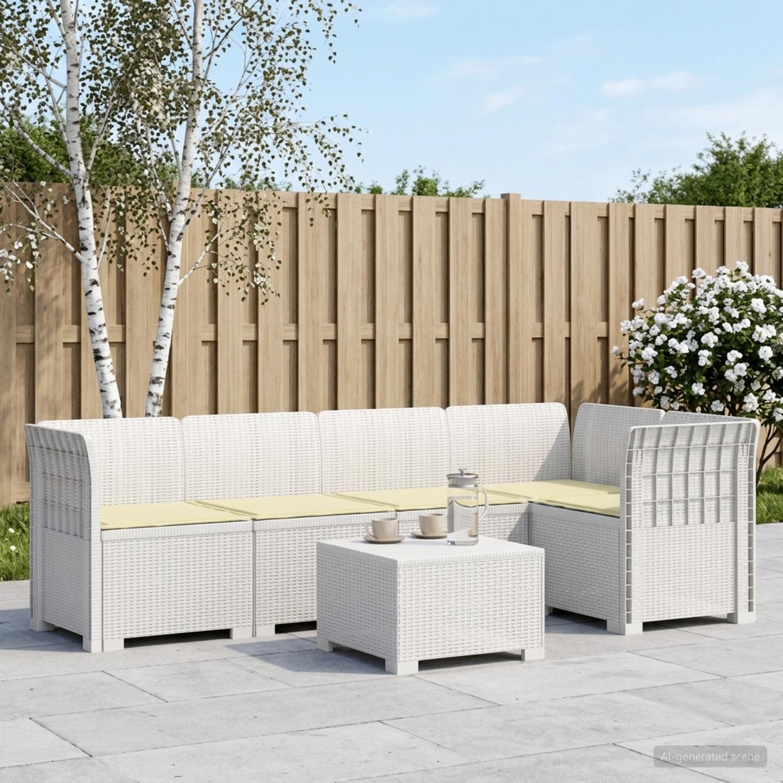 5-Sitzer Gartensofa mit Kissen Rattan-Look PP Weiß