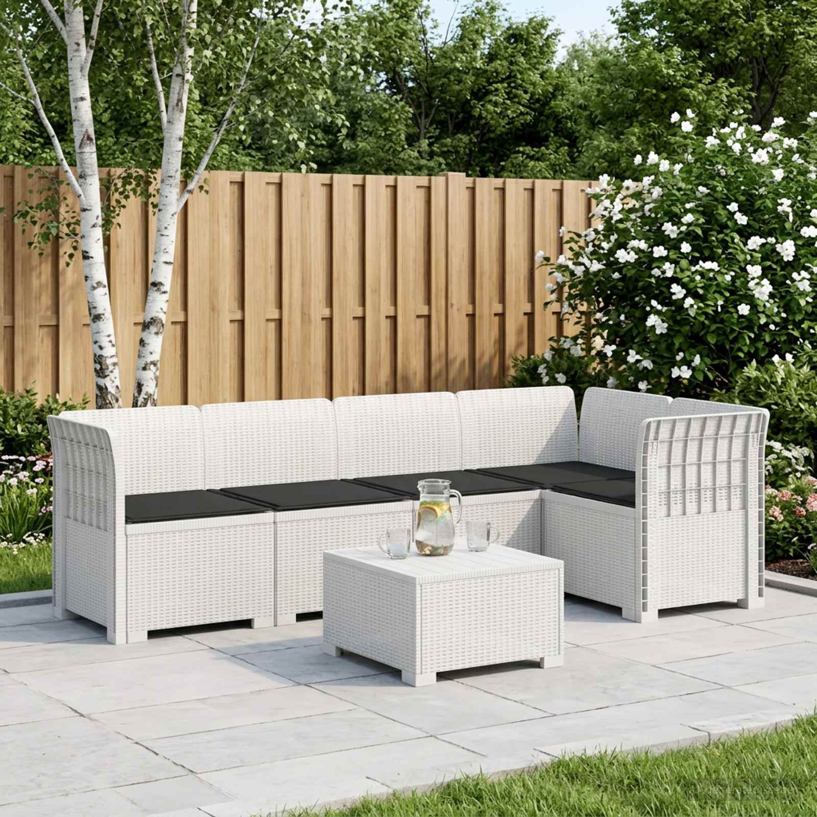5-Sitzer Gartensofa mit Kissen Rattan-Look PP Weiß