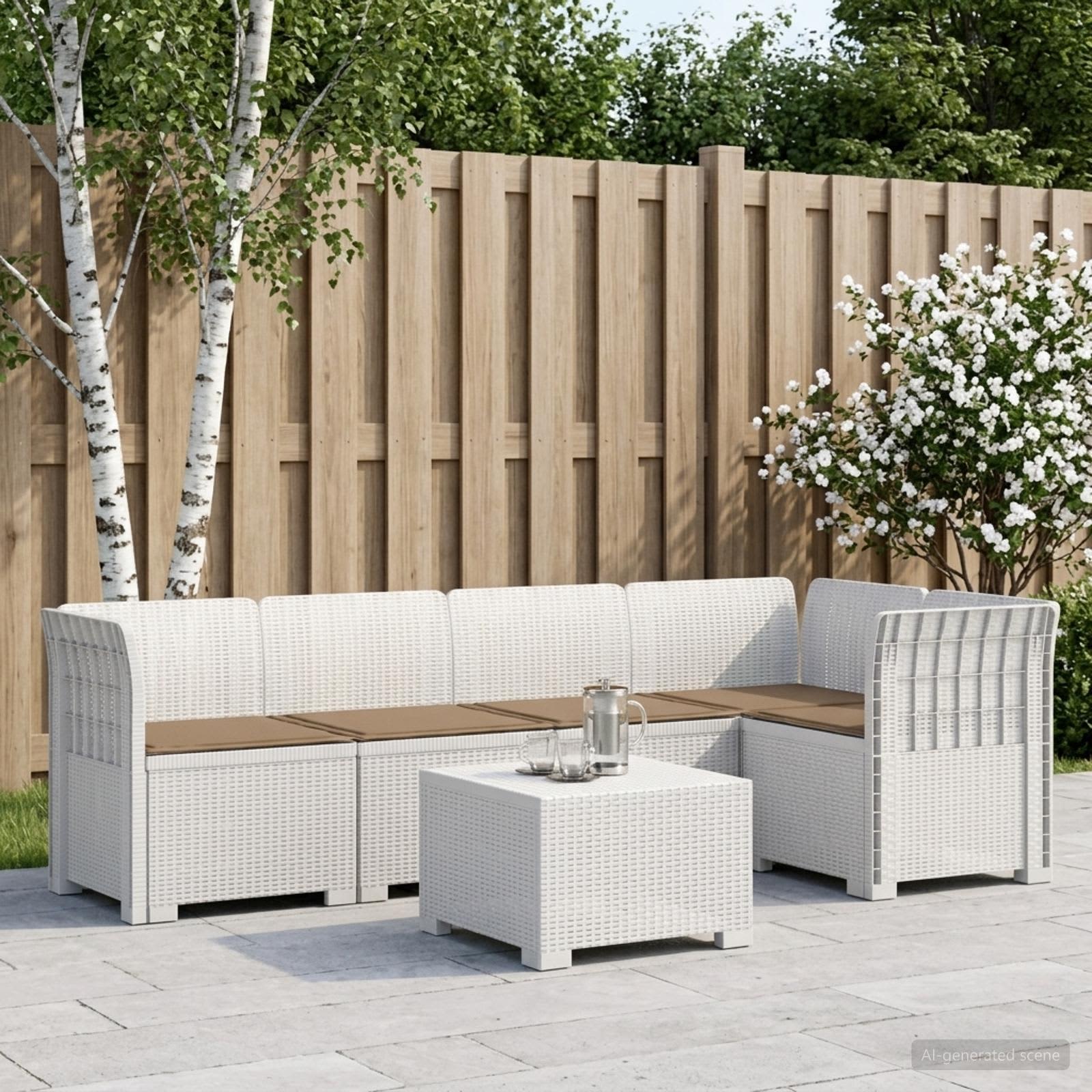 5-Sitzer Gartensofa mit Kissen Rattan-Look PP Weiß