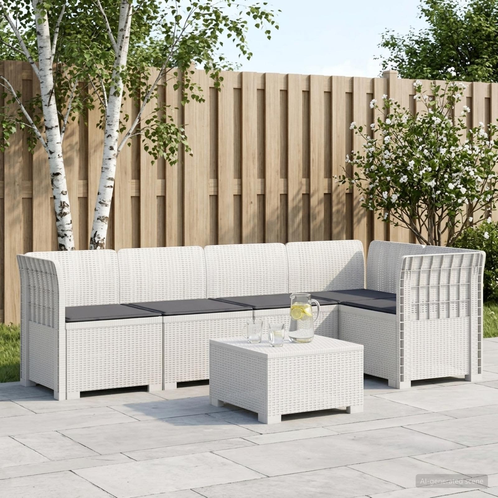5-Sitzer Gartensofa mit Kissen Rattan-Look PP Weiß