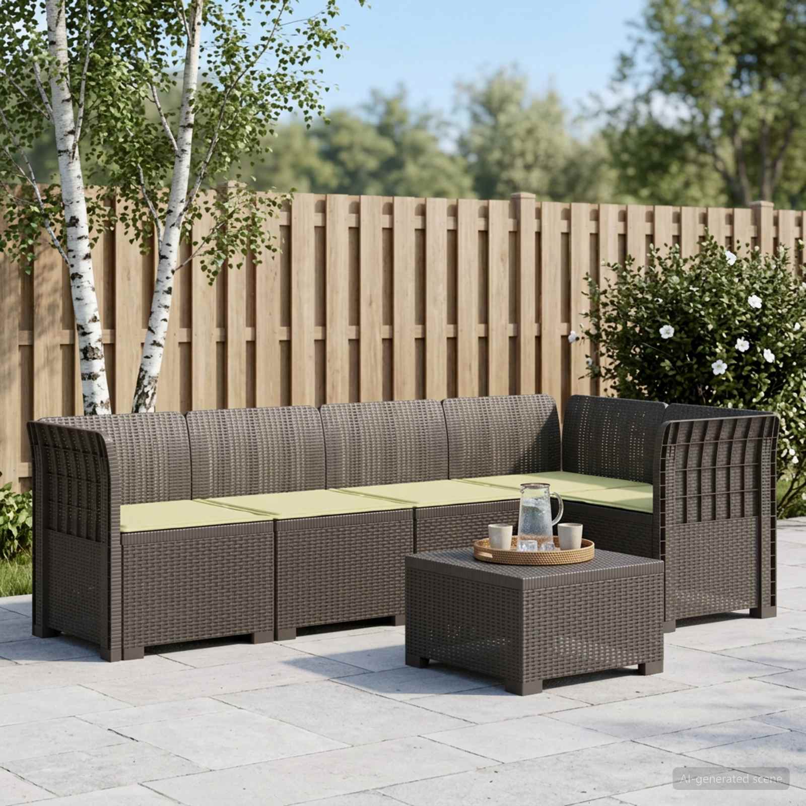 5-Sitzer Gartensofa mit Kissen Rattan-Look PP Hellgrau