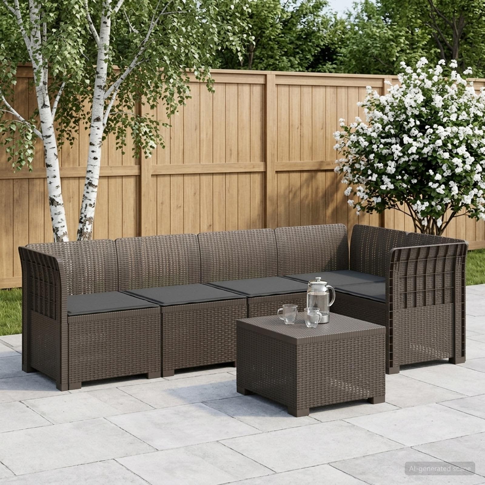 5-Sitzer Gartensofa mit Kissen Rattan-Look PP Hellgrau