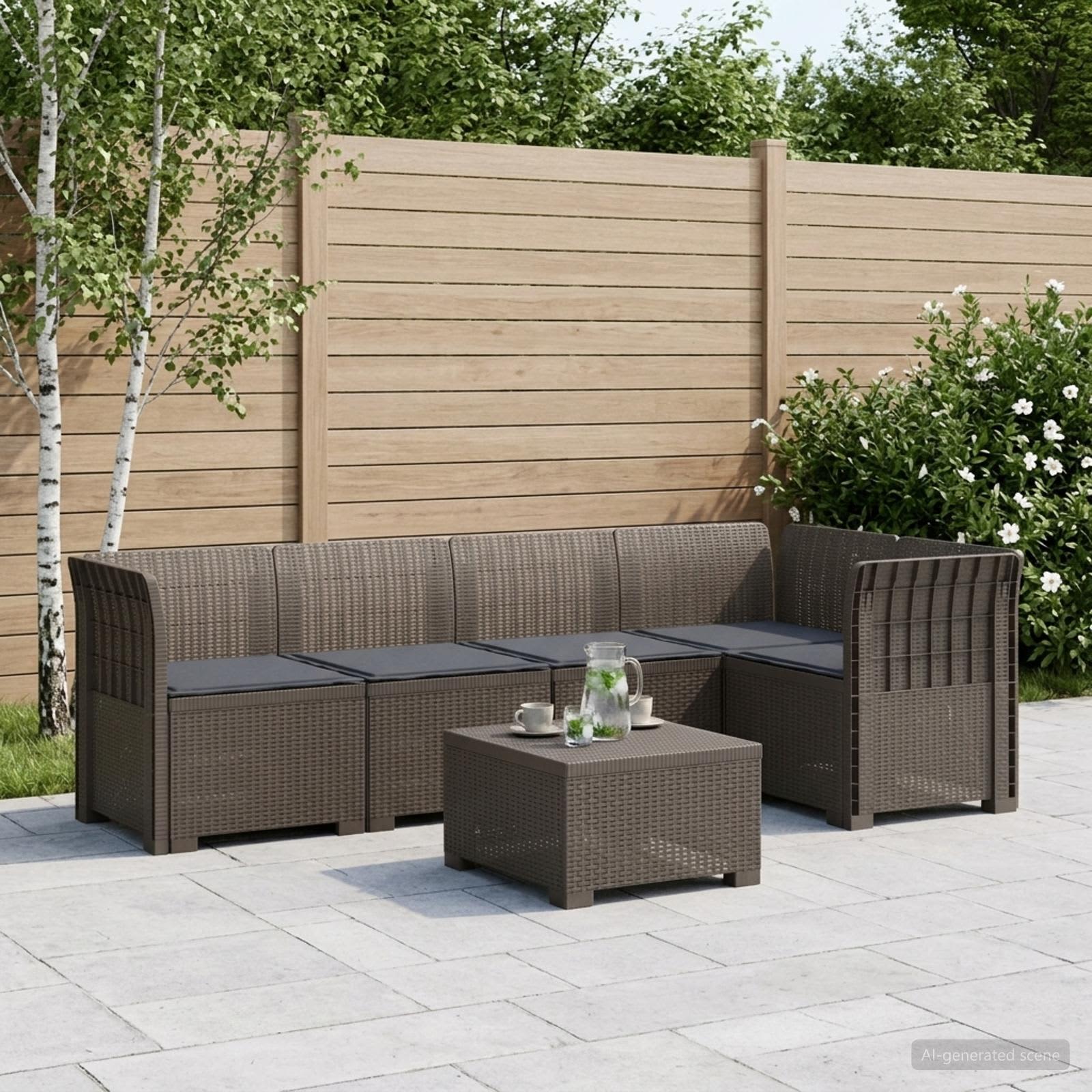 5-Sitzer Gartensofa mit Kissen Rattan-Look PP Hellgrau