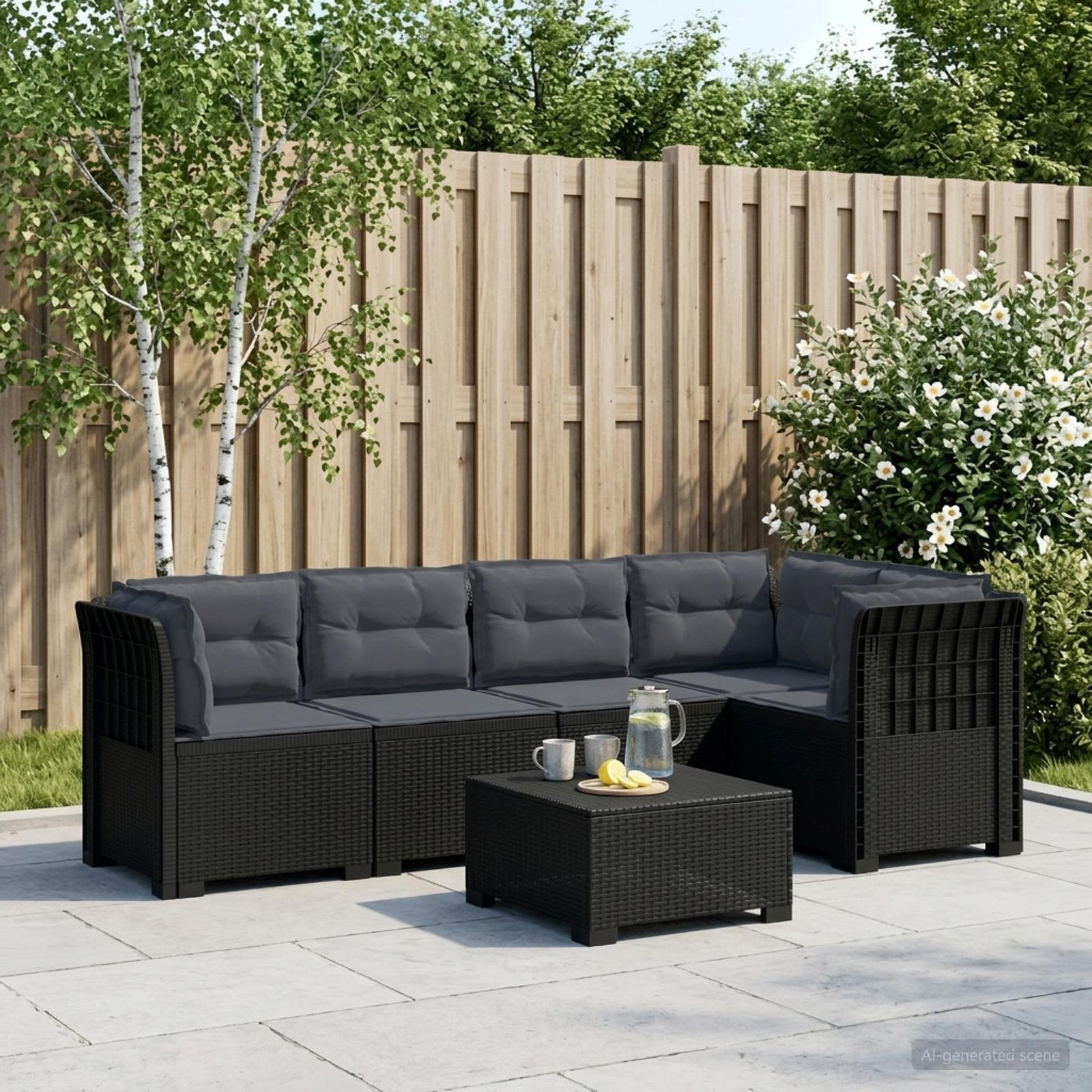 5-Sitzer Gartensofa mit Kissen Rattan-Look PP Anthrazit