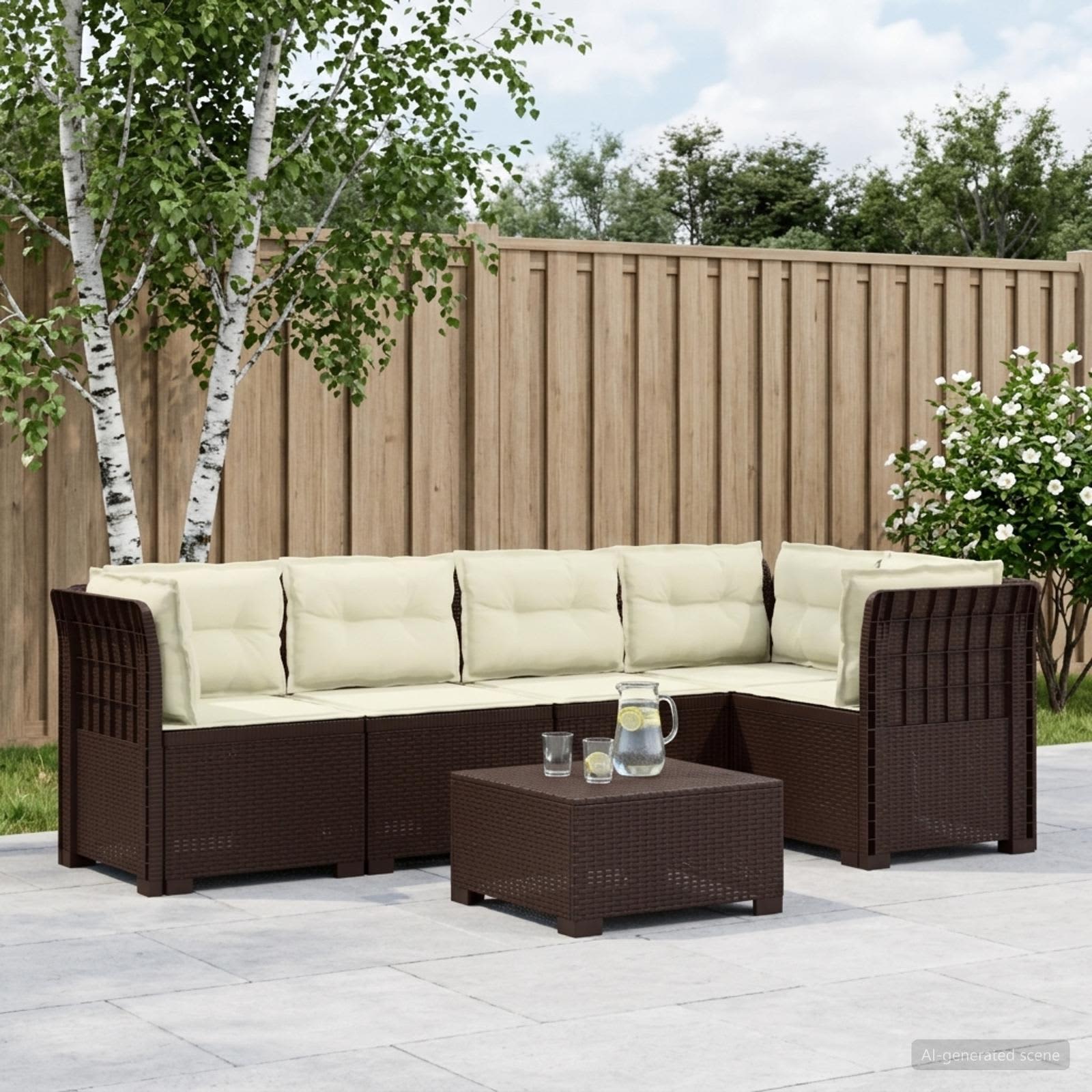 5-Sitzer Gartensofa mit Kissen Rattan-Look PP Braun