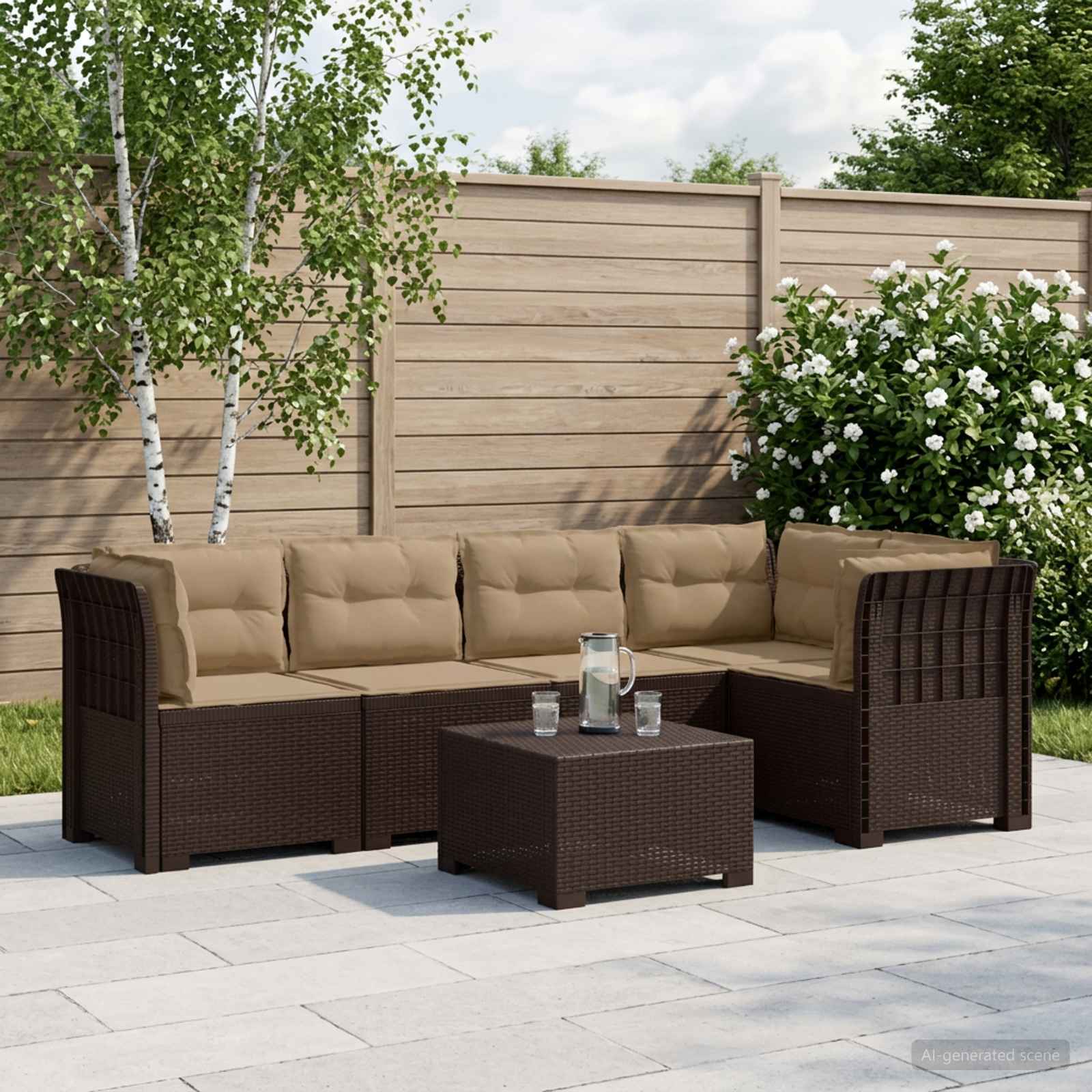 5-Sitzer Gartensofa mit Kissen Rattan-Look PP Braun
