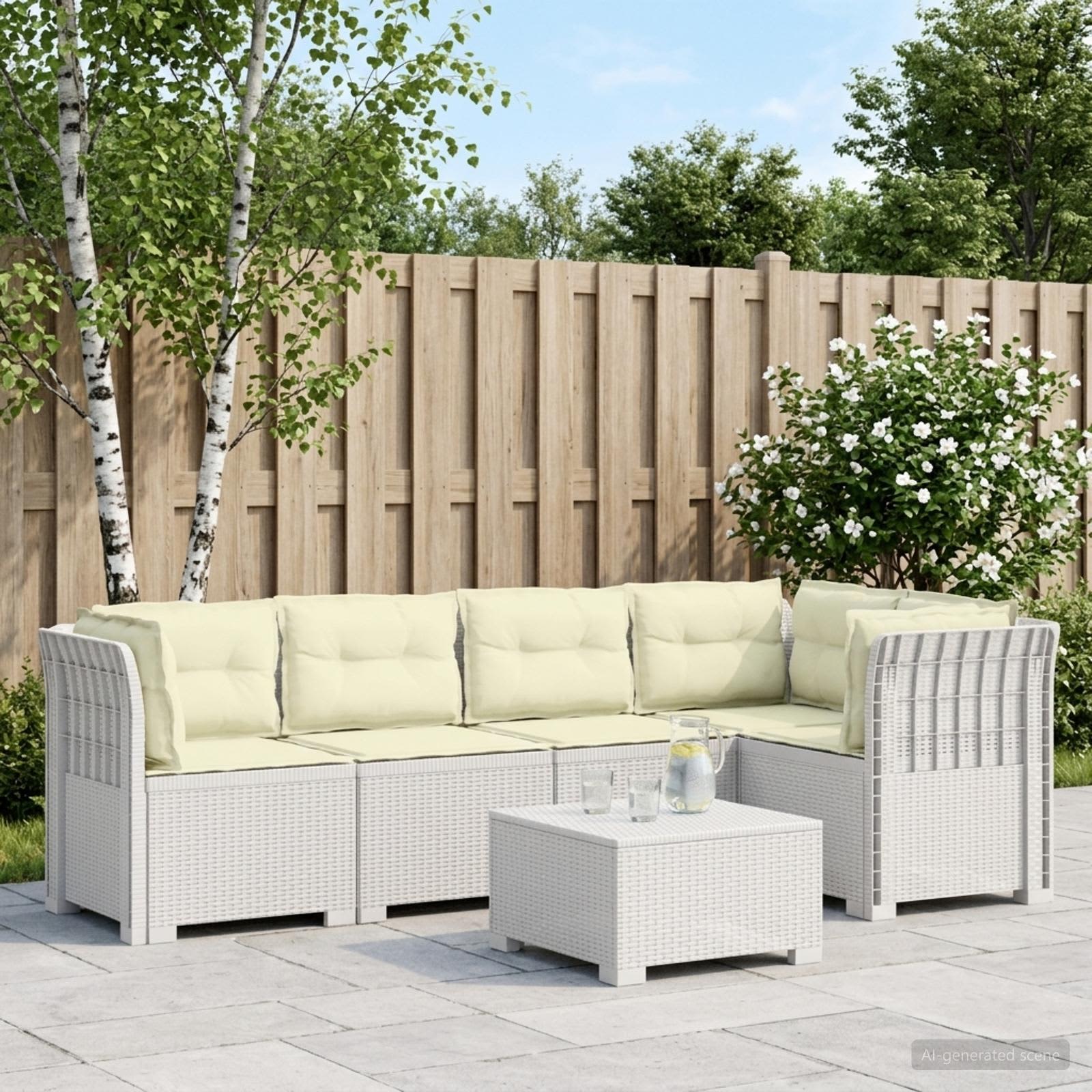 5-Sitzer Gartensofa mit Kissen Rattan-Look PP Weiß