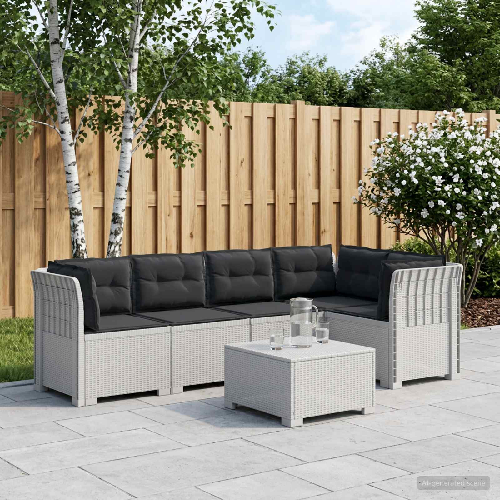 5-Sitzer Gartensofa mit Kissen Rattan-Look PP Weiß