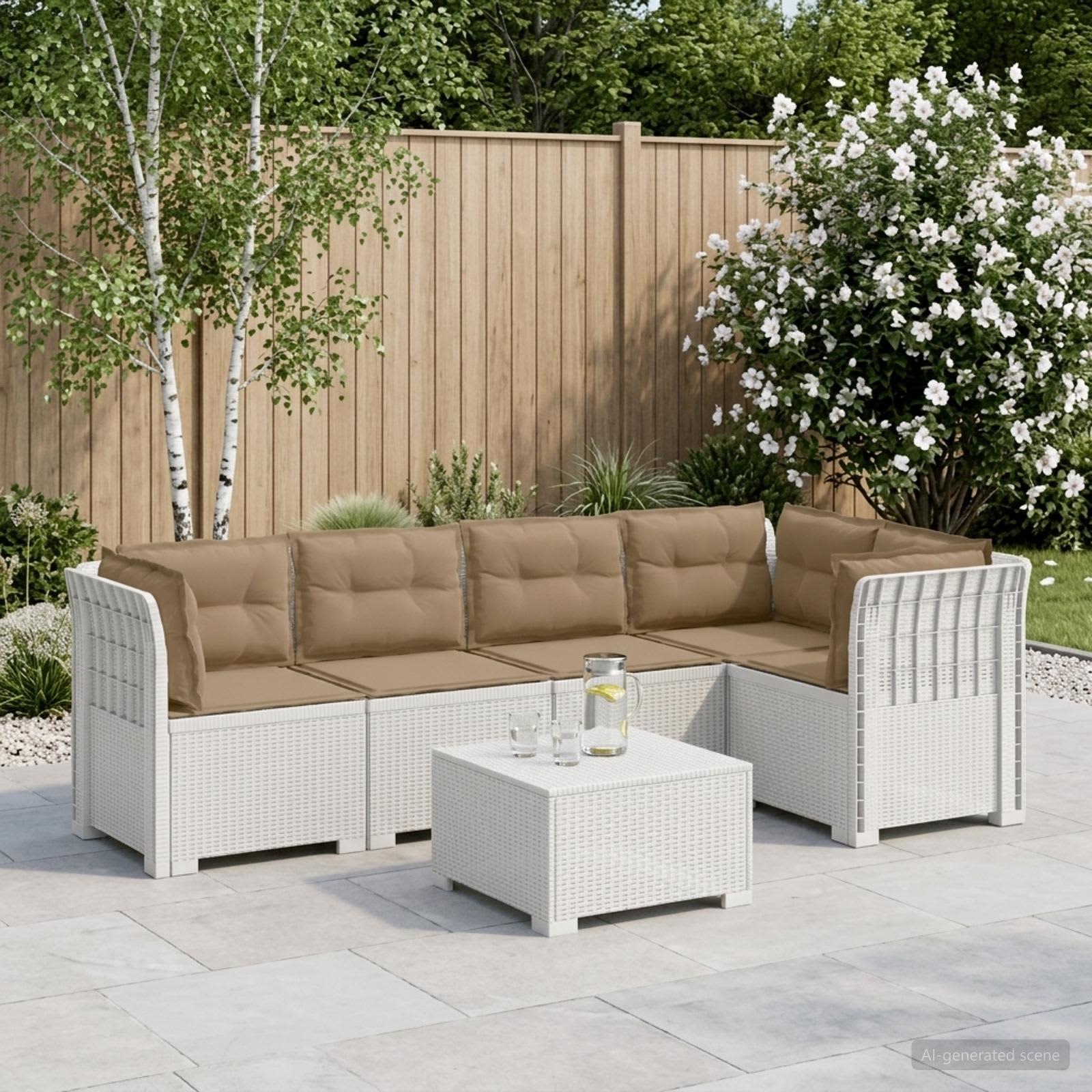5-Sitzer Gartensofa mit Kissen Rattan-Look PP Weiß