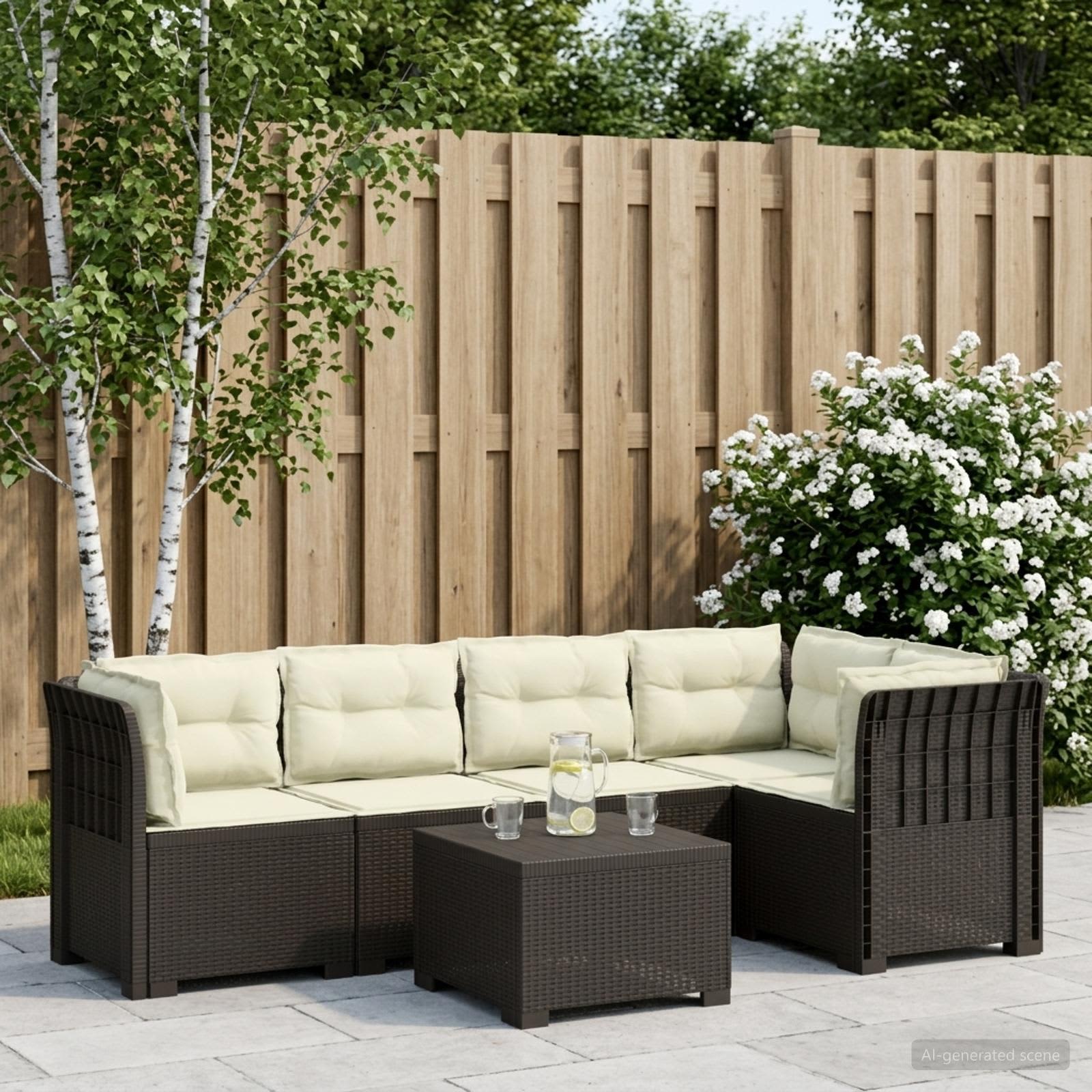 5-Sitzer Gartensofa mit Kissen Rattan-Look PP Hellgrau