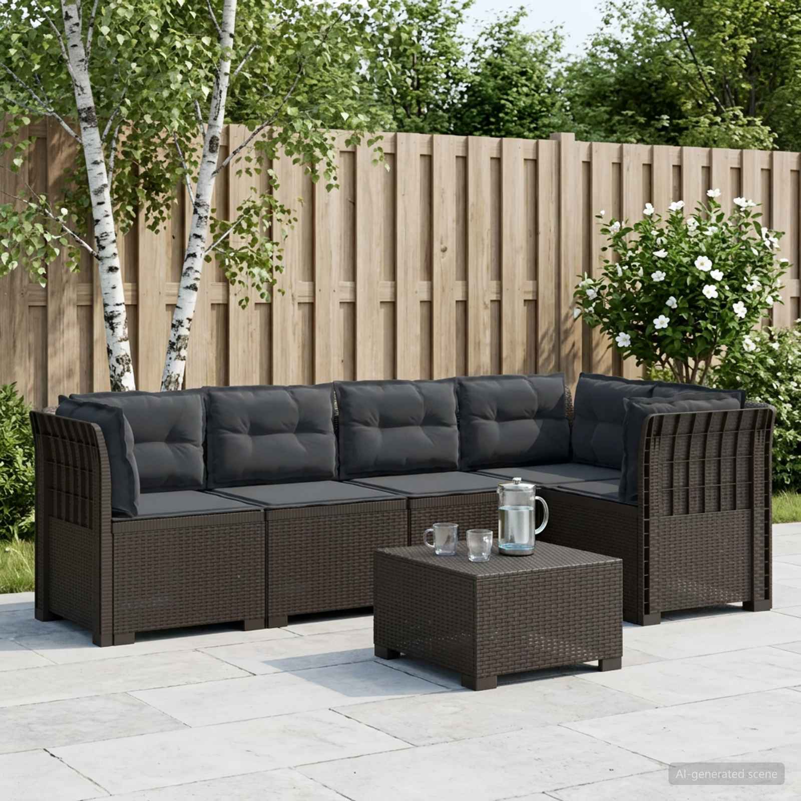 5-Sitzer Gartensofa mit Kissen Rattan-Look PP Hellgrau