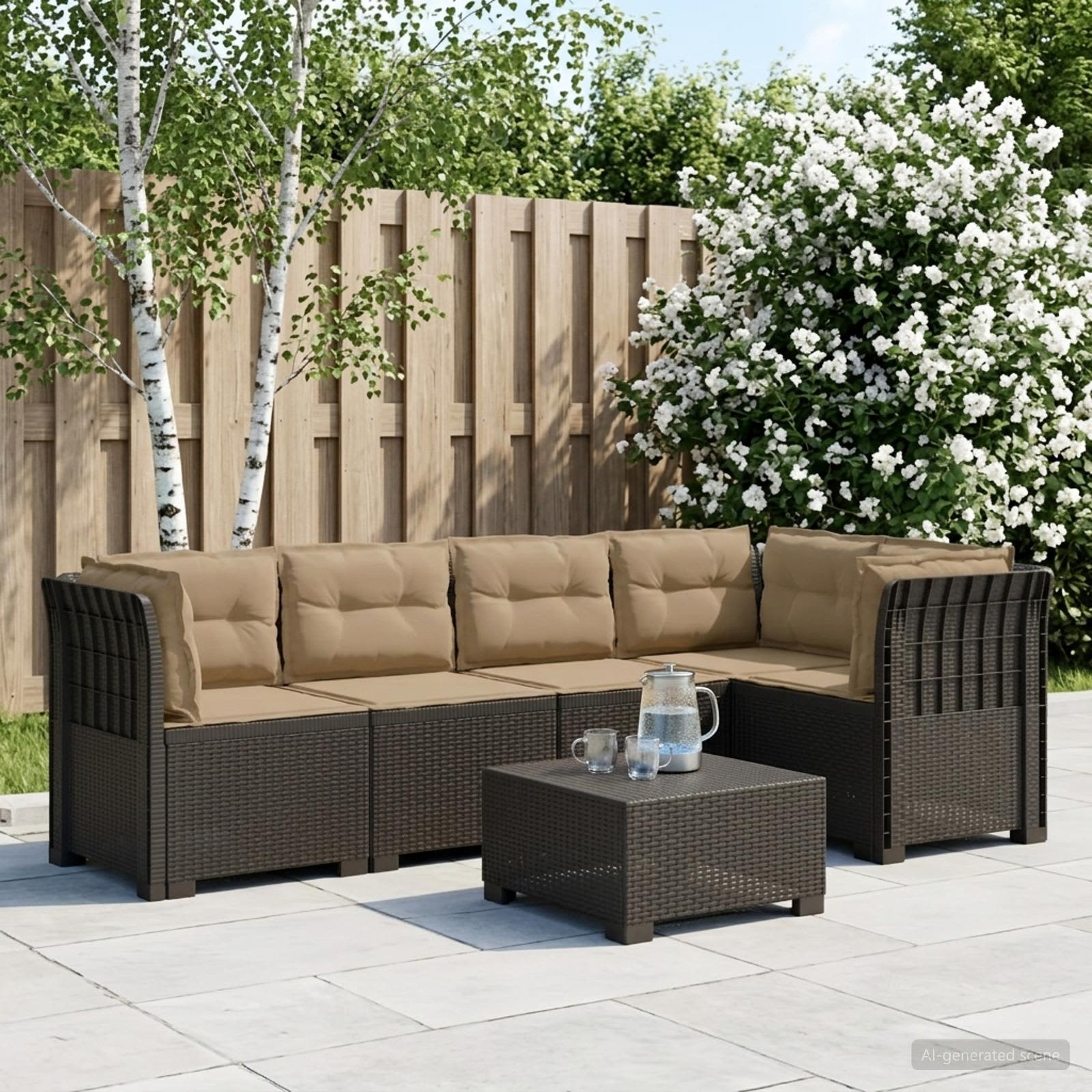 5-Sitzer Gartensofa mit Kissen Rattan-Look PP Hellgrau