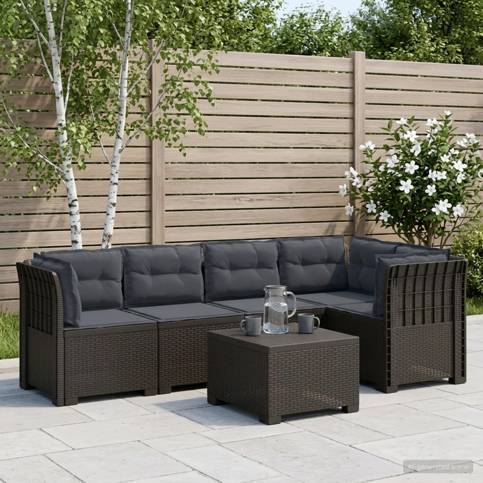 5-Sitzer Gartensofa mit Kissen Rattan-Look PP Hellgrau