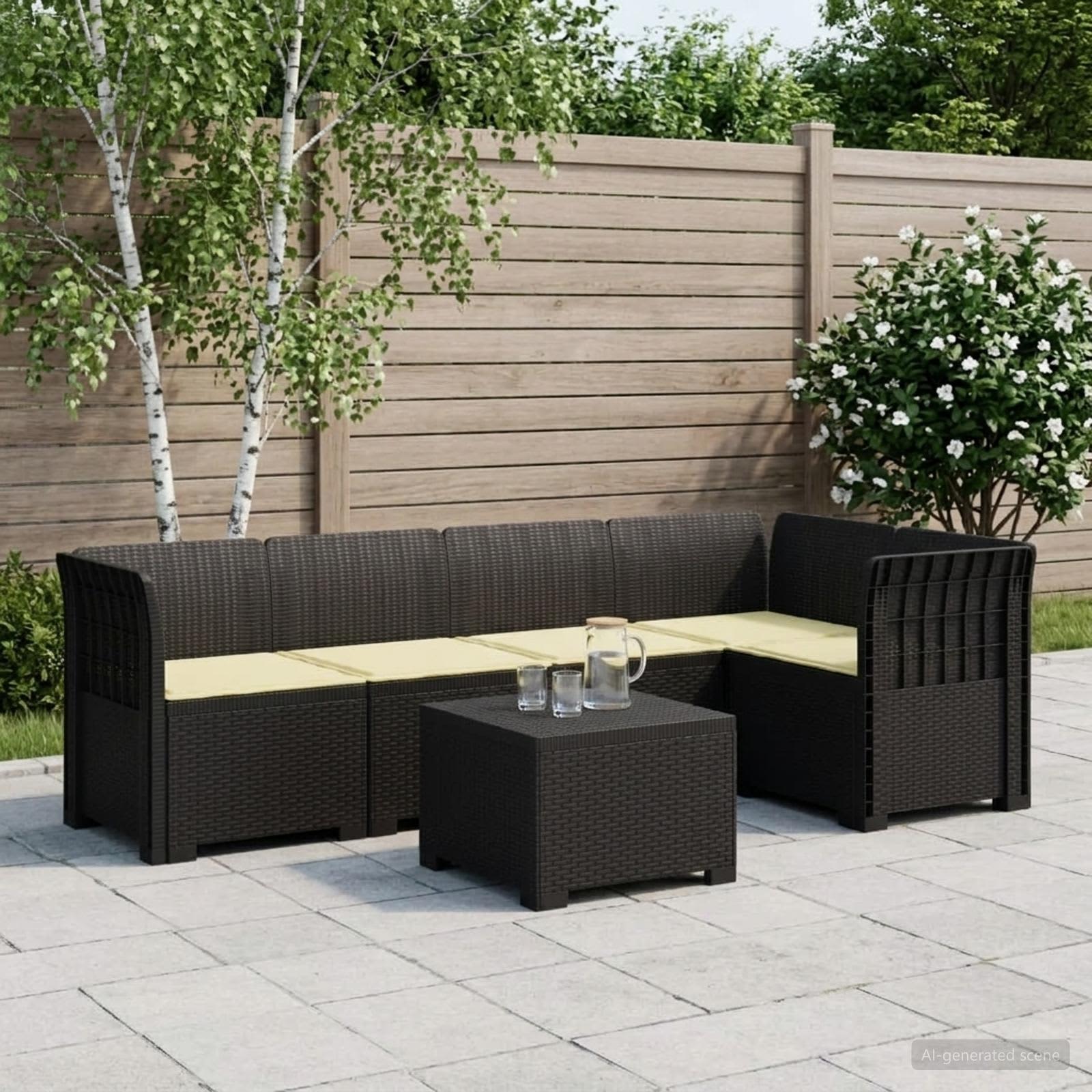 5-Sitzer Gartensofa mit Kissen Rattan-Look PP Anthrazit