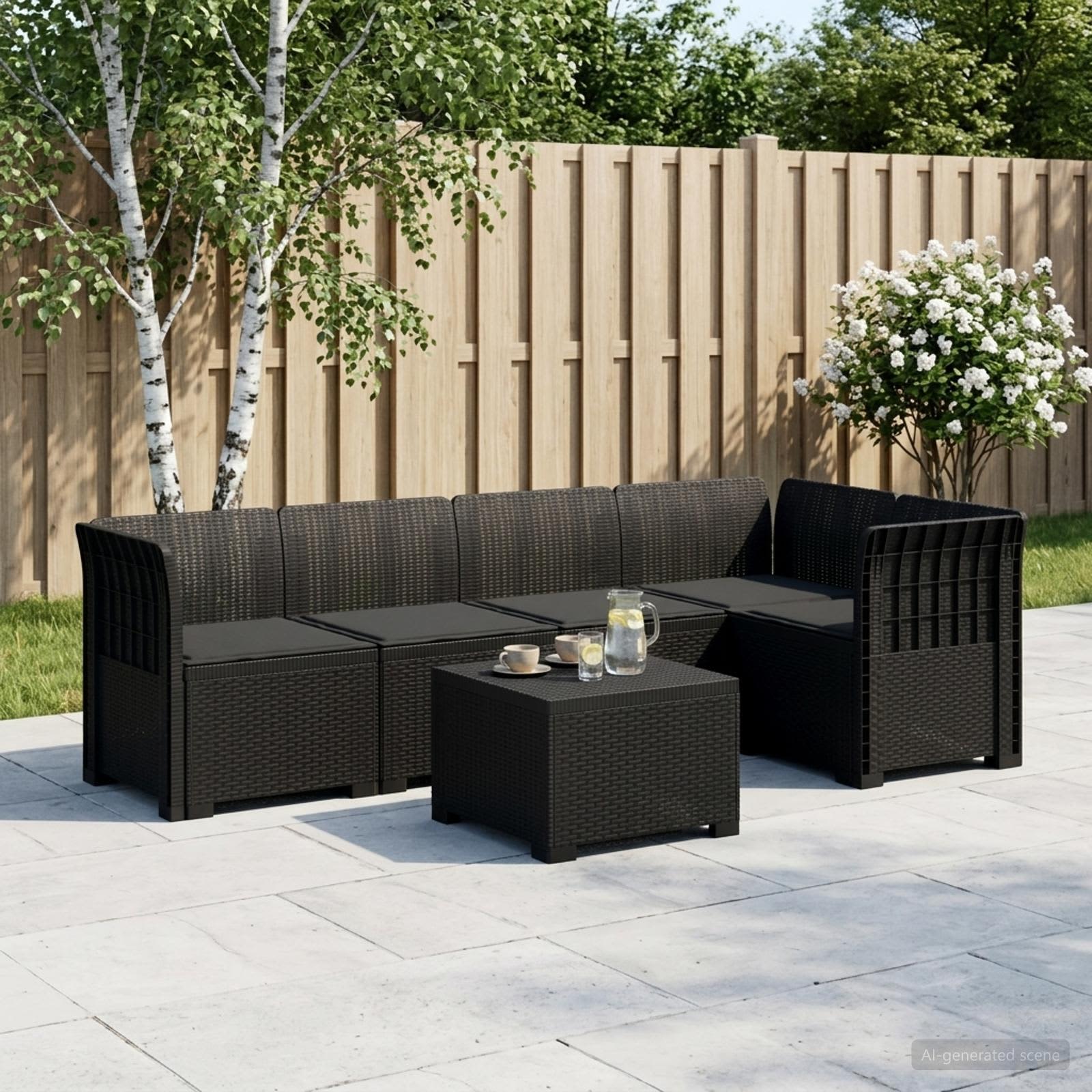 5-Sitzer Gartensofa mit Kissen Rattan-Look PP Anthrazit