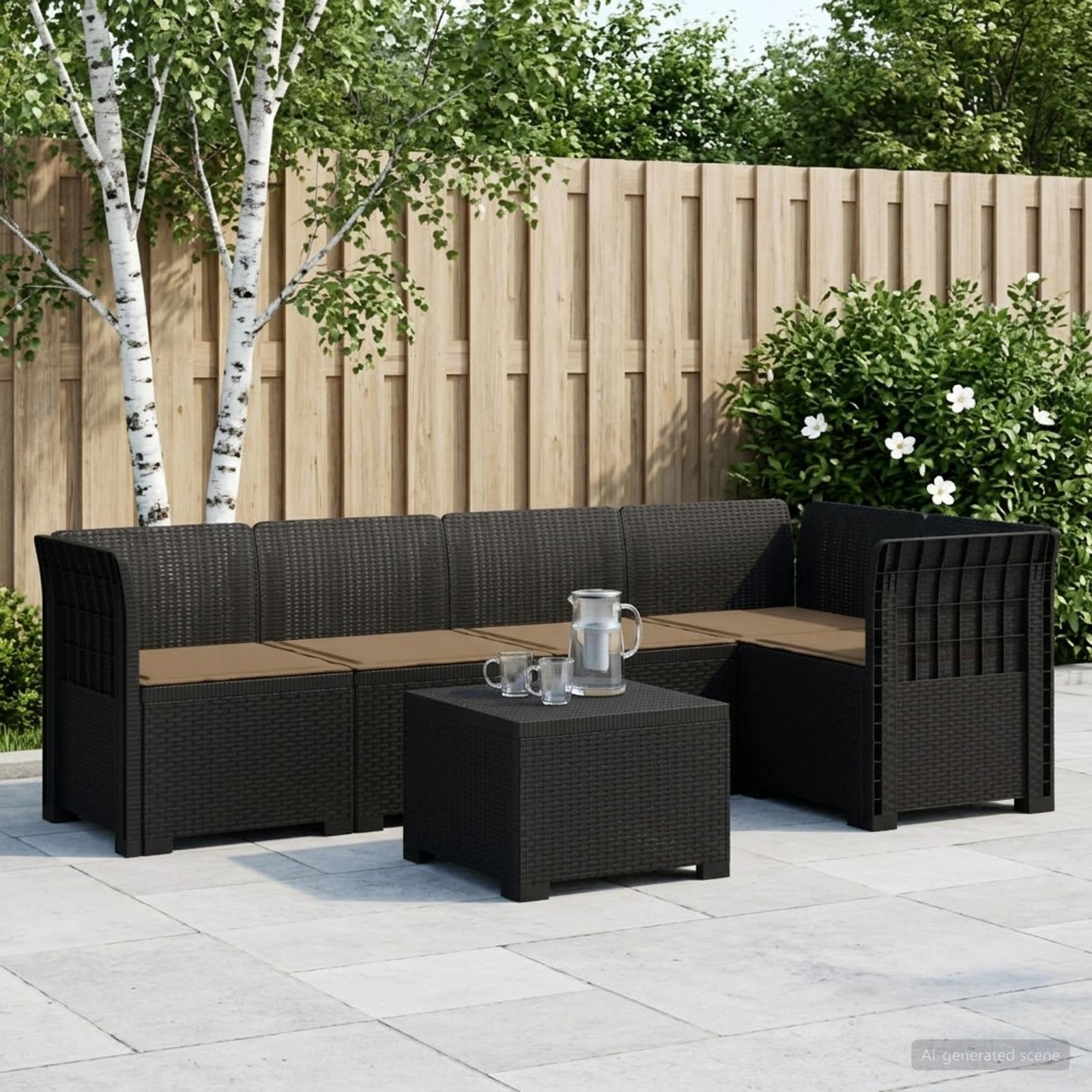 5-Sitzer Gartensofa mit Kissen Rattan-Look PP Anthrazit