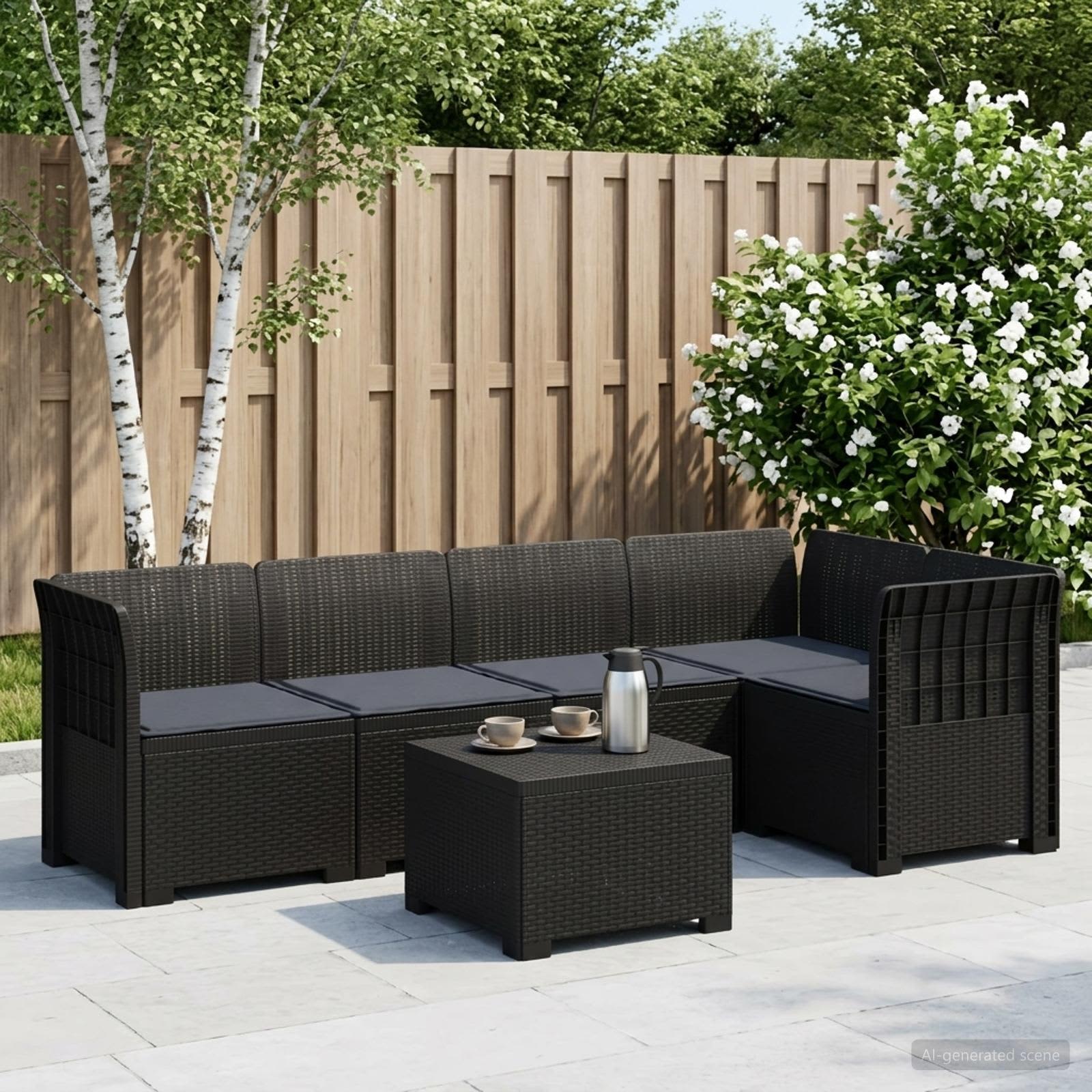 5-Sitzer Gartensofa mit Kissen Rattan-Look PP Anthrazit