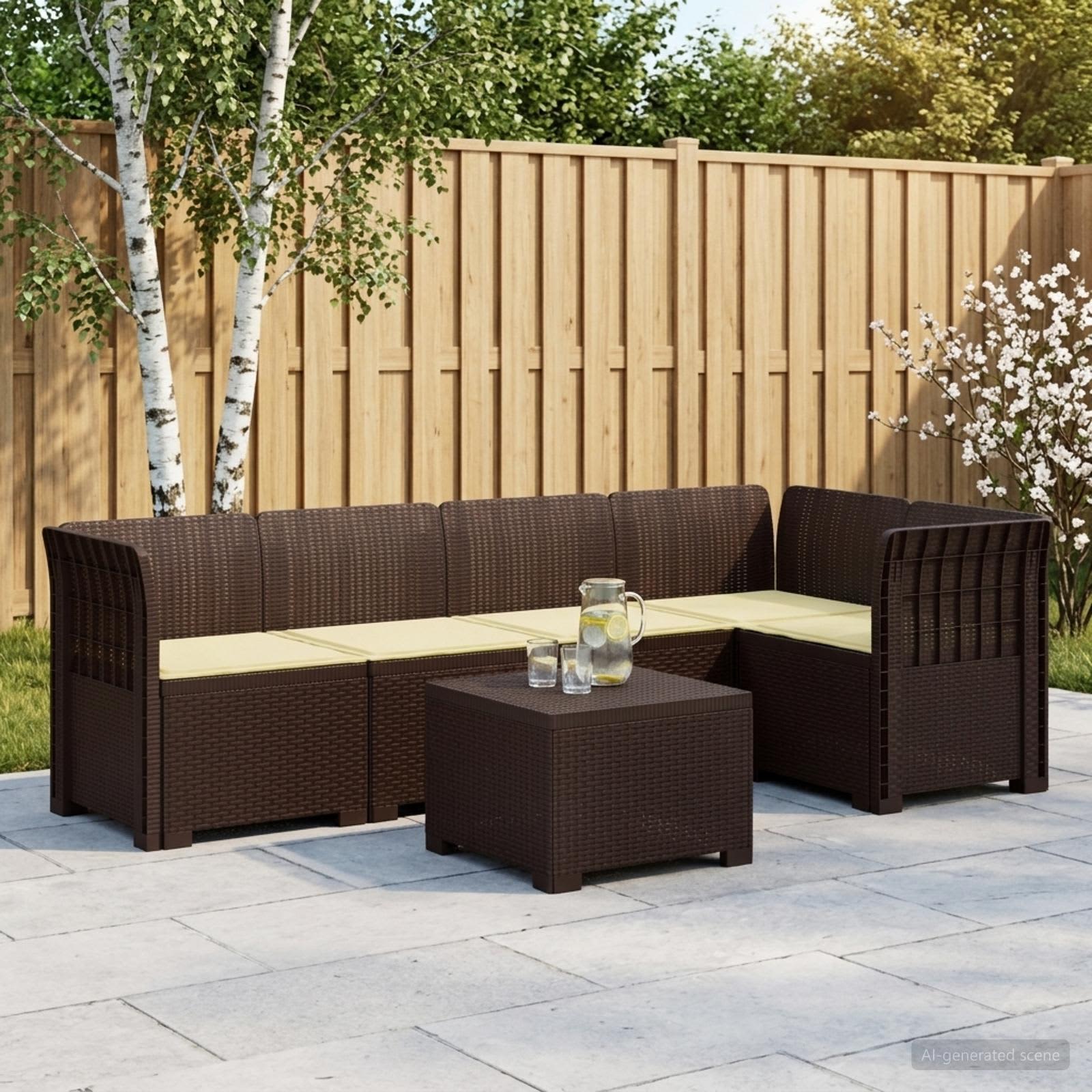 5-Sitzer Gartensofa mit Kissen Rattan-Look PP Braun