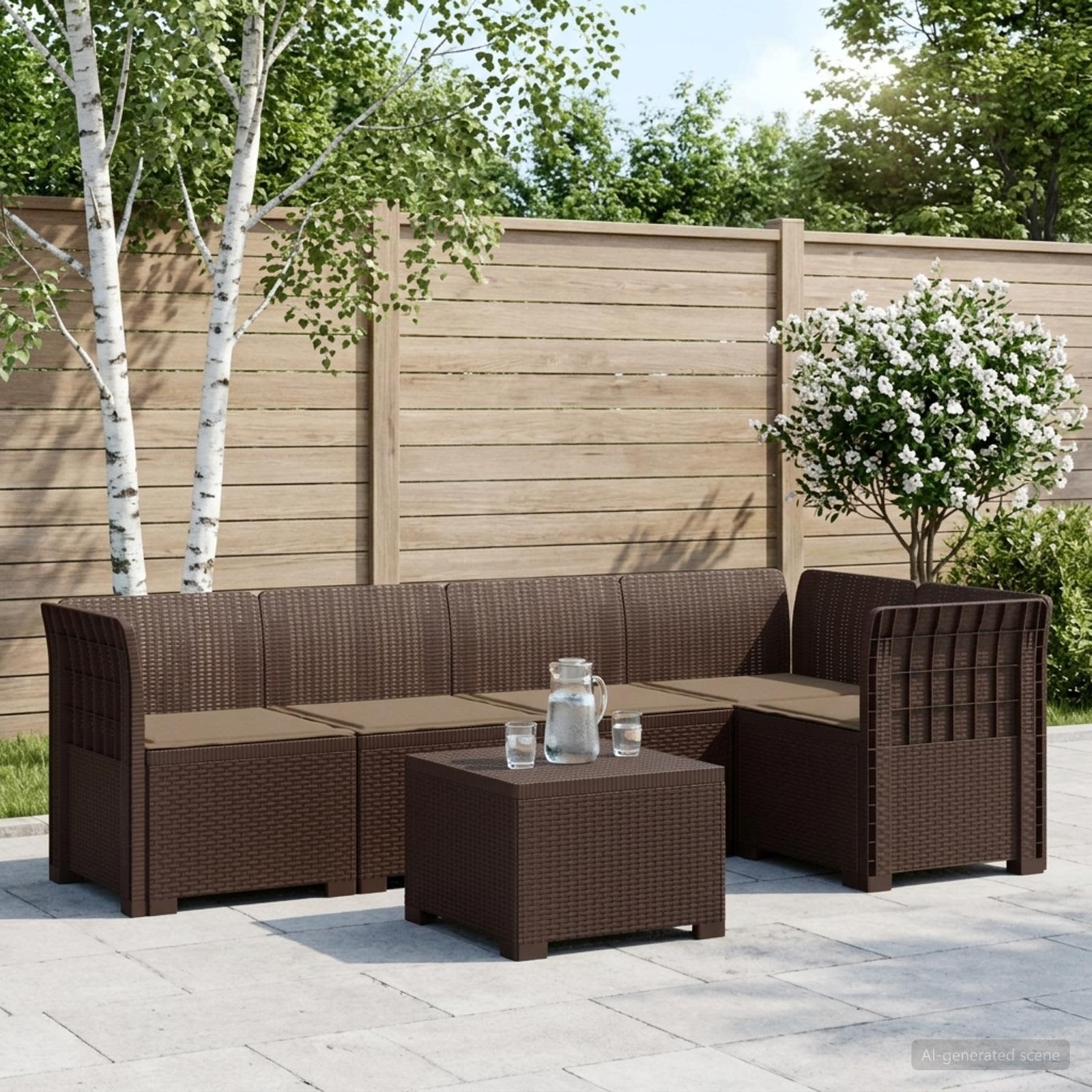 5-Sitzer Gartensofa mit Kissen Rattan-Look PP Braun