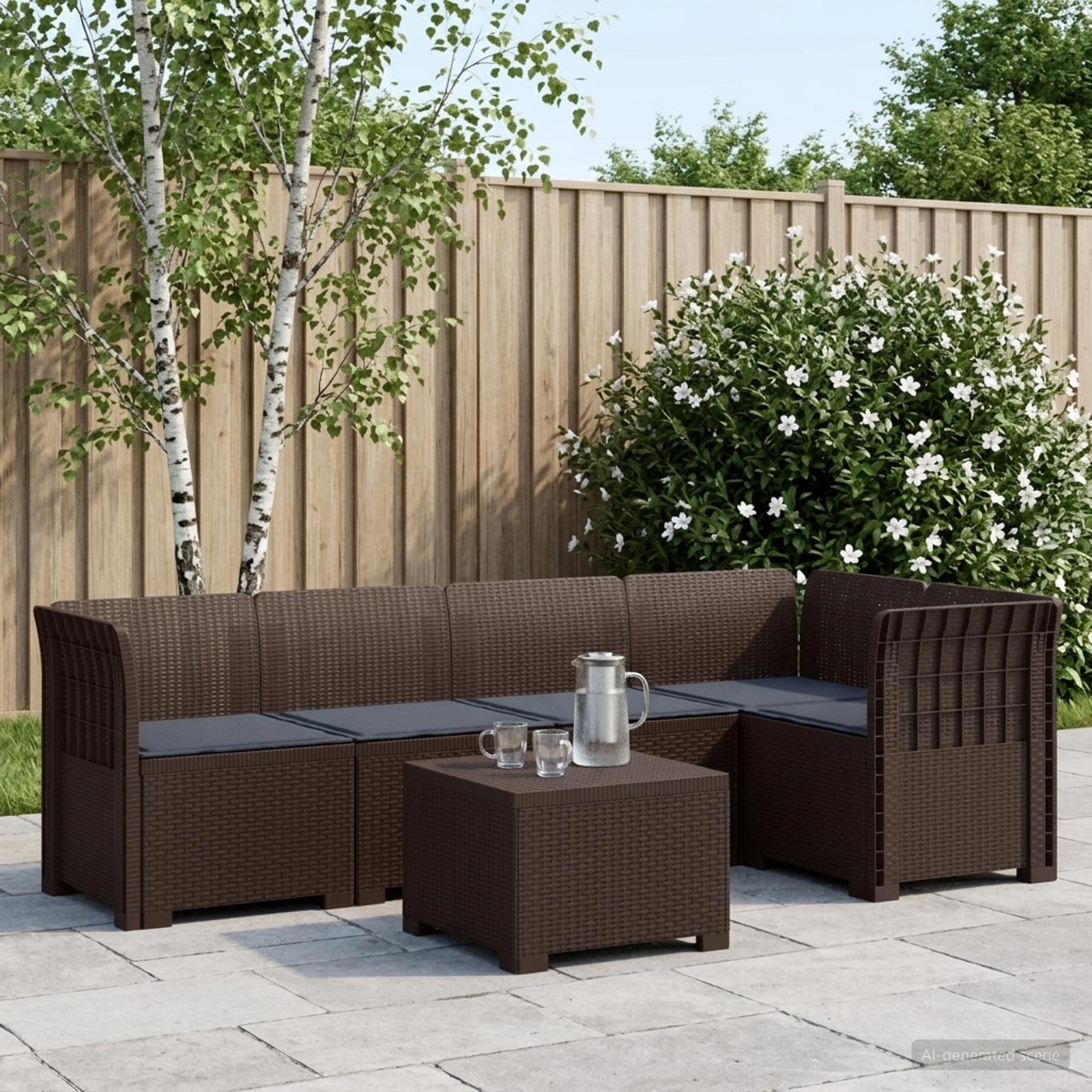 5-Sitzer Gartensofa mit Kissen Rattan-Look PP Braun