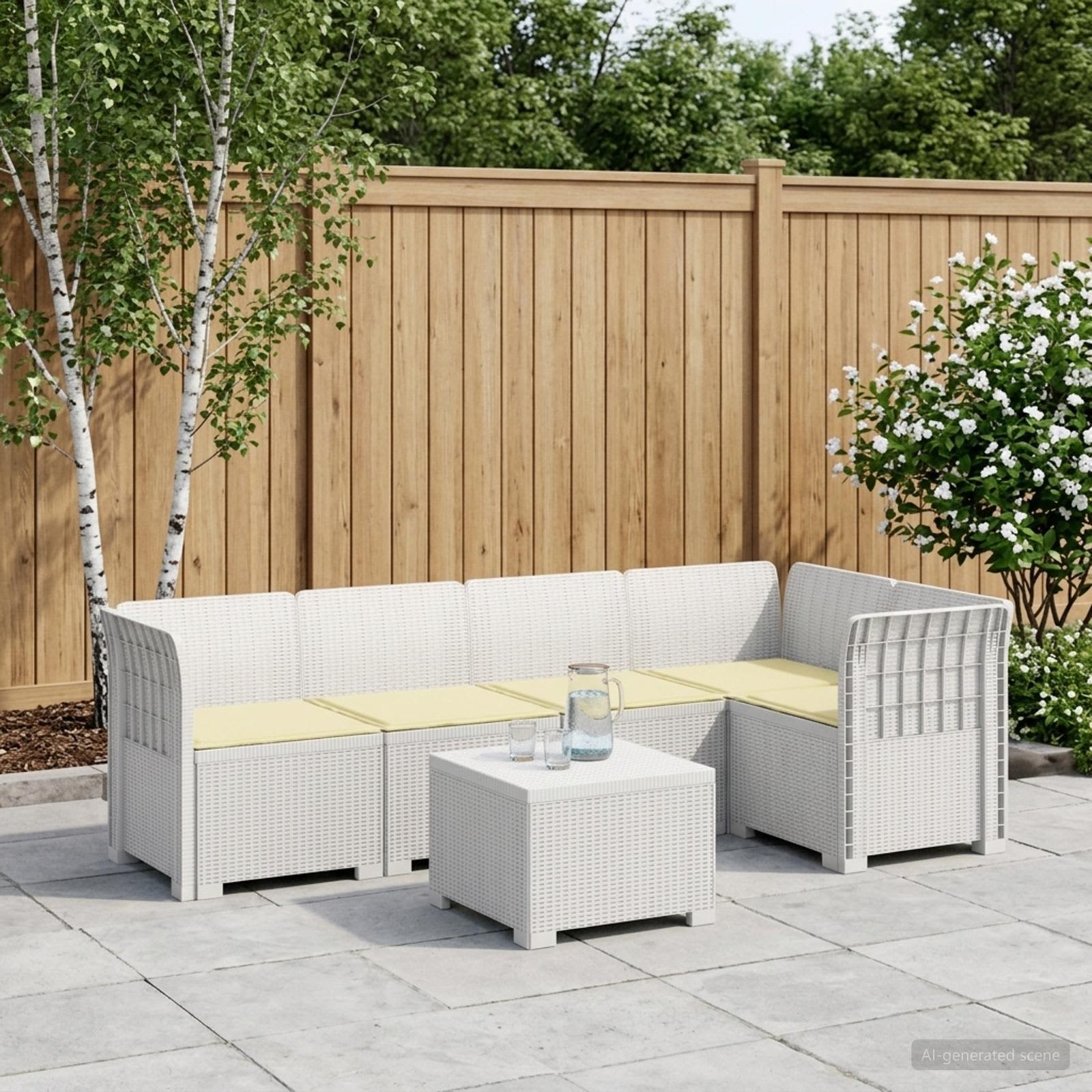 5-Sitzer Gartensofa mit Kissen Rattan-Look PP Weiß