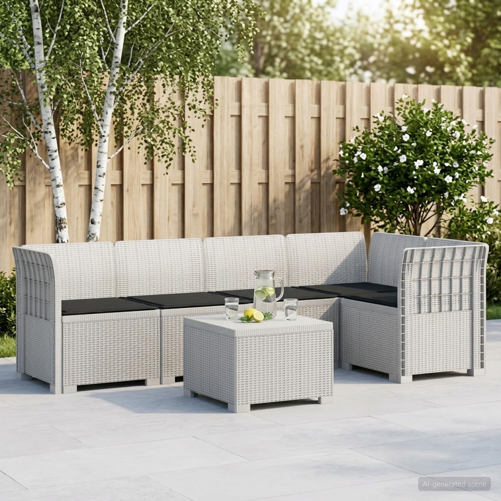 5-Sitzer Gartensofa mit Kissen Rattan-Look PP Weiß