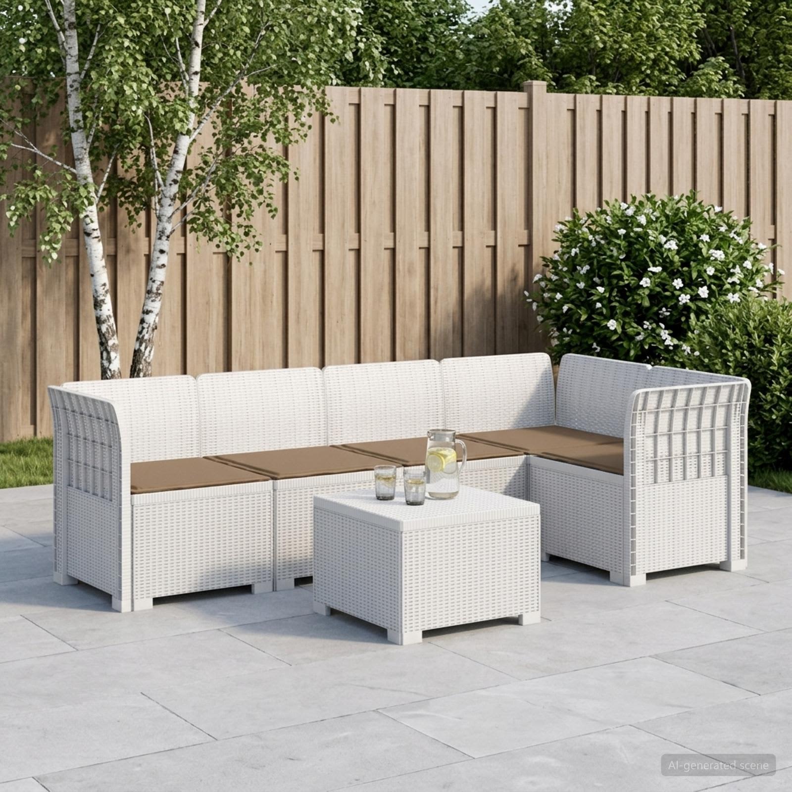 5-Sitzer Gartensofa mit Kissen Rattan-Look PP Weiß