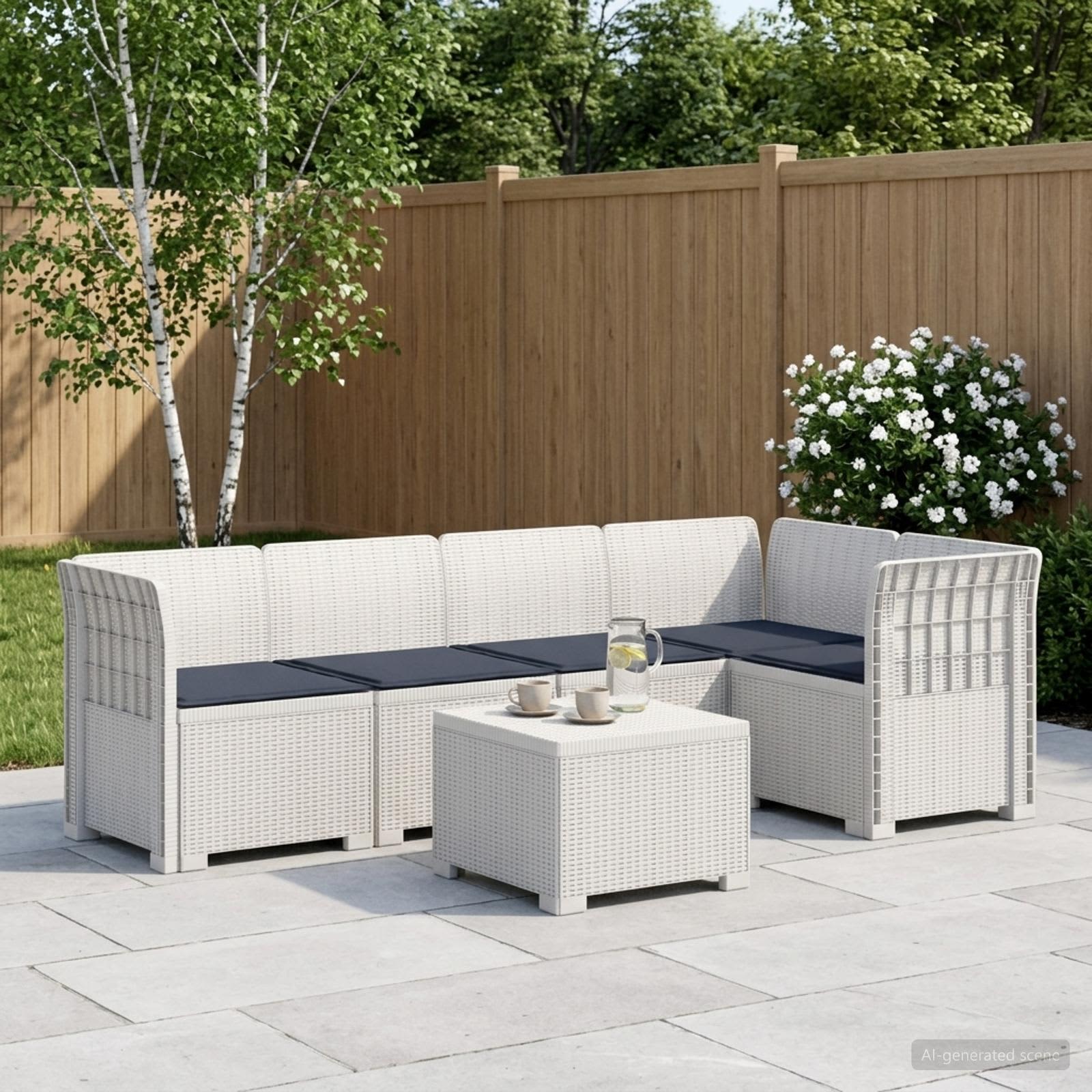 5-Sitzer Gartensofa mit Kissen Rattan-Look PP Weiß