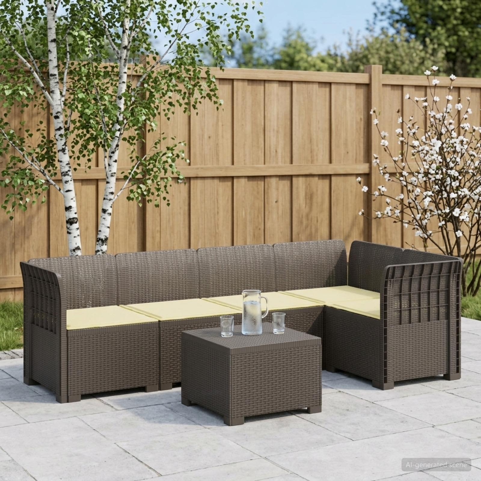 5-Sitzer Gartensofa mit Kissen Rattan-Look PP Hellgrau