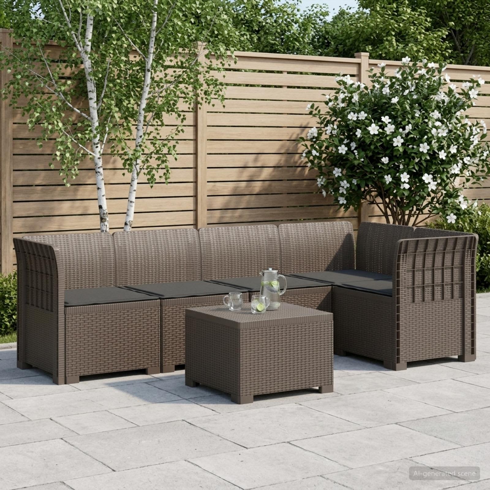 5-Sitzer Gartensofa mit Kissen Rattan-Look PP Hellgrau