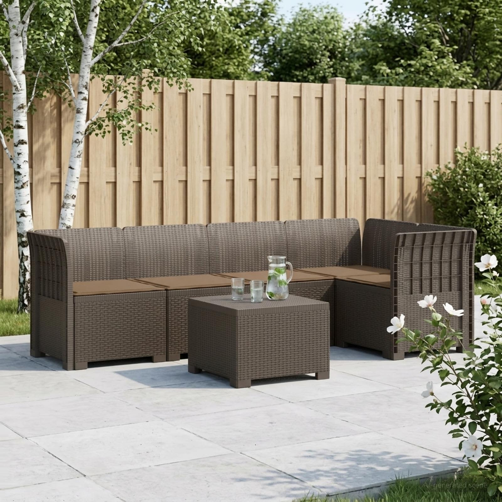 5-Sitzer Gartensofa mit Kissen Rattan-Look PP Hellgrau